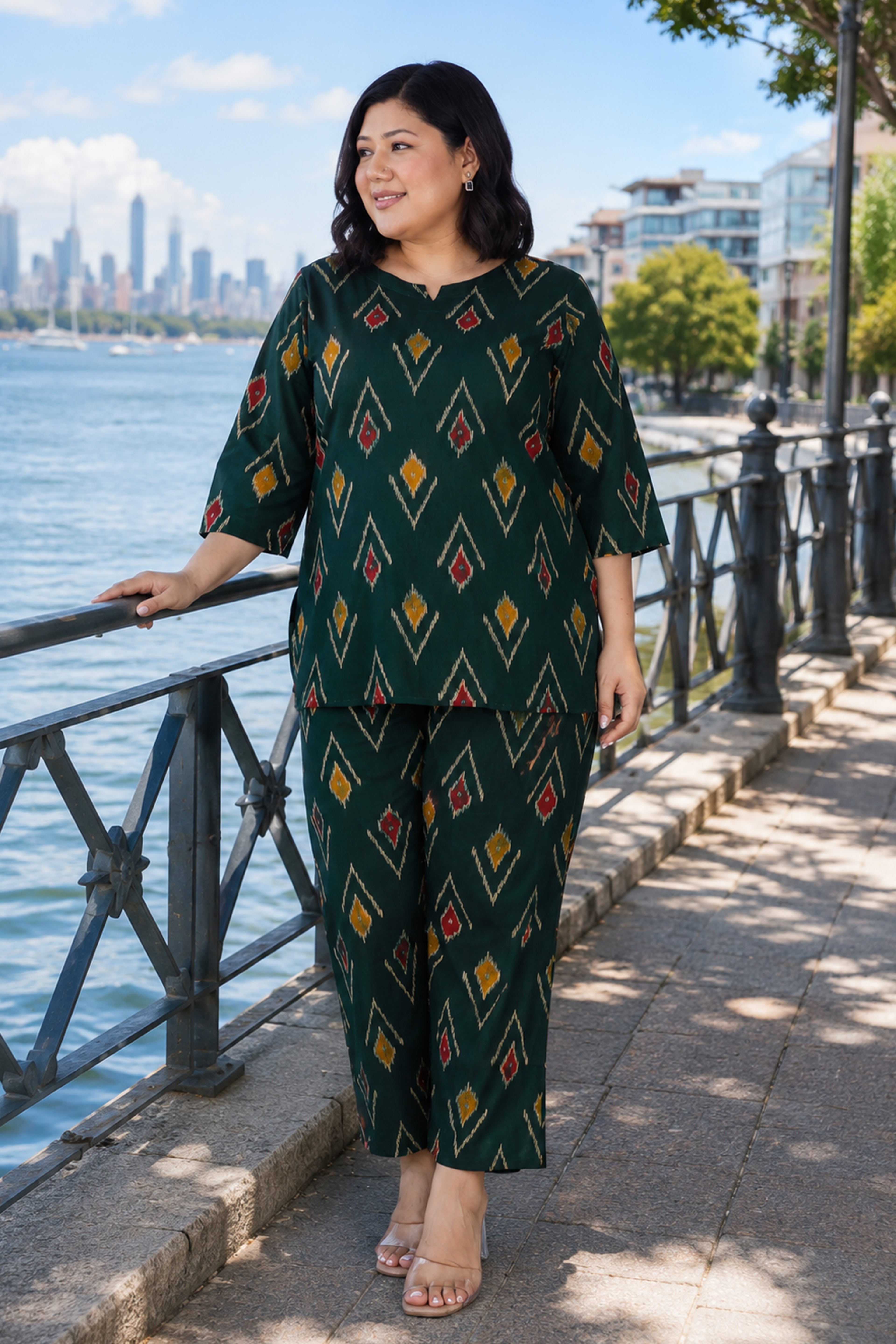 Dark Green Plus Size Cotton Printed Pyjama Set