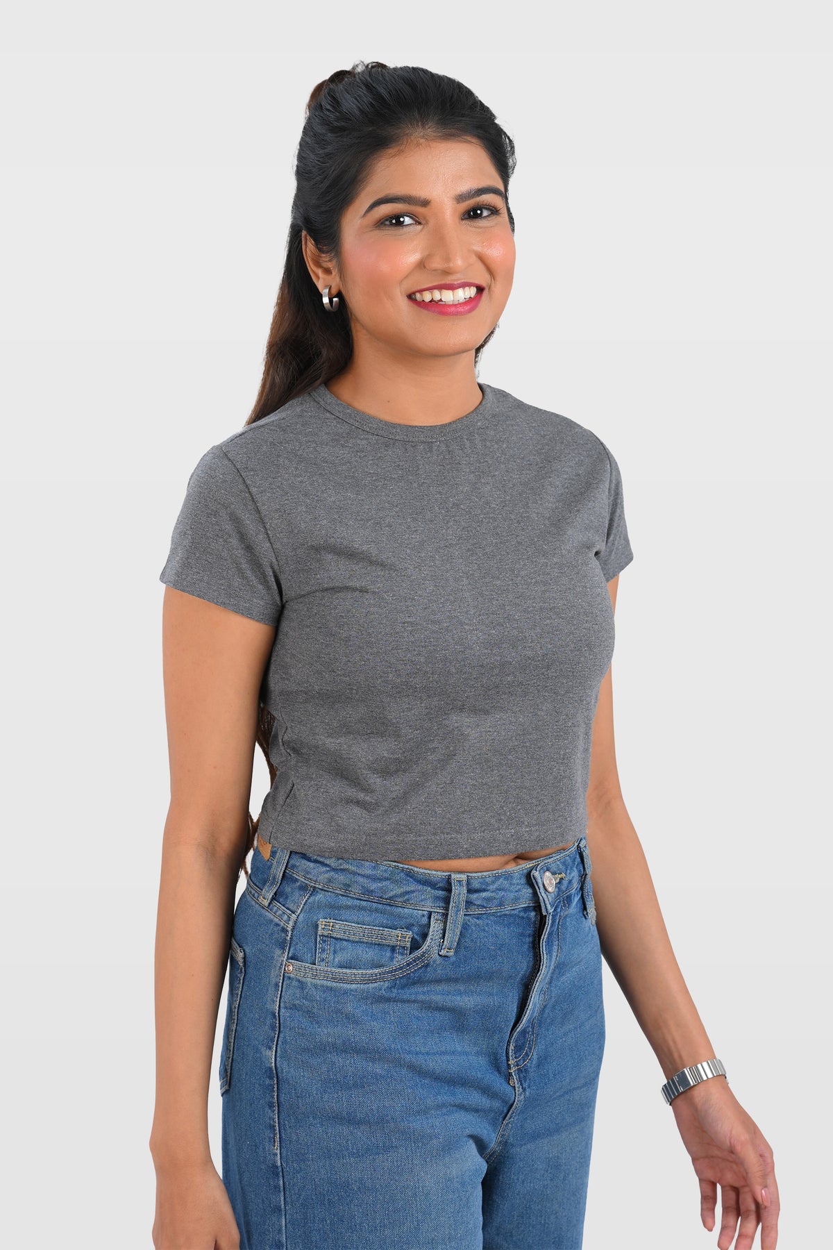 Dark Grey Cotton Crop Crew Neck T-Shirt
