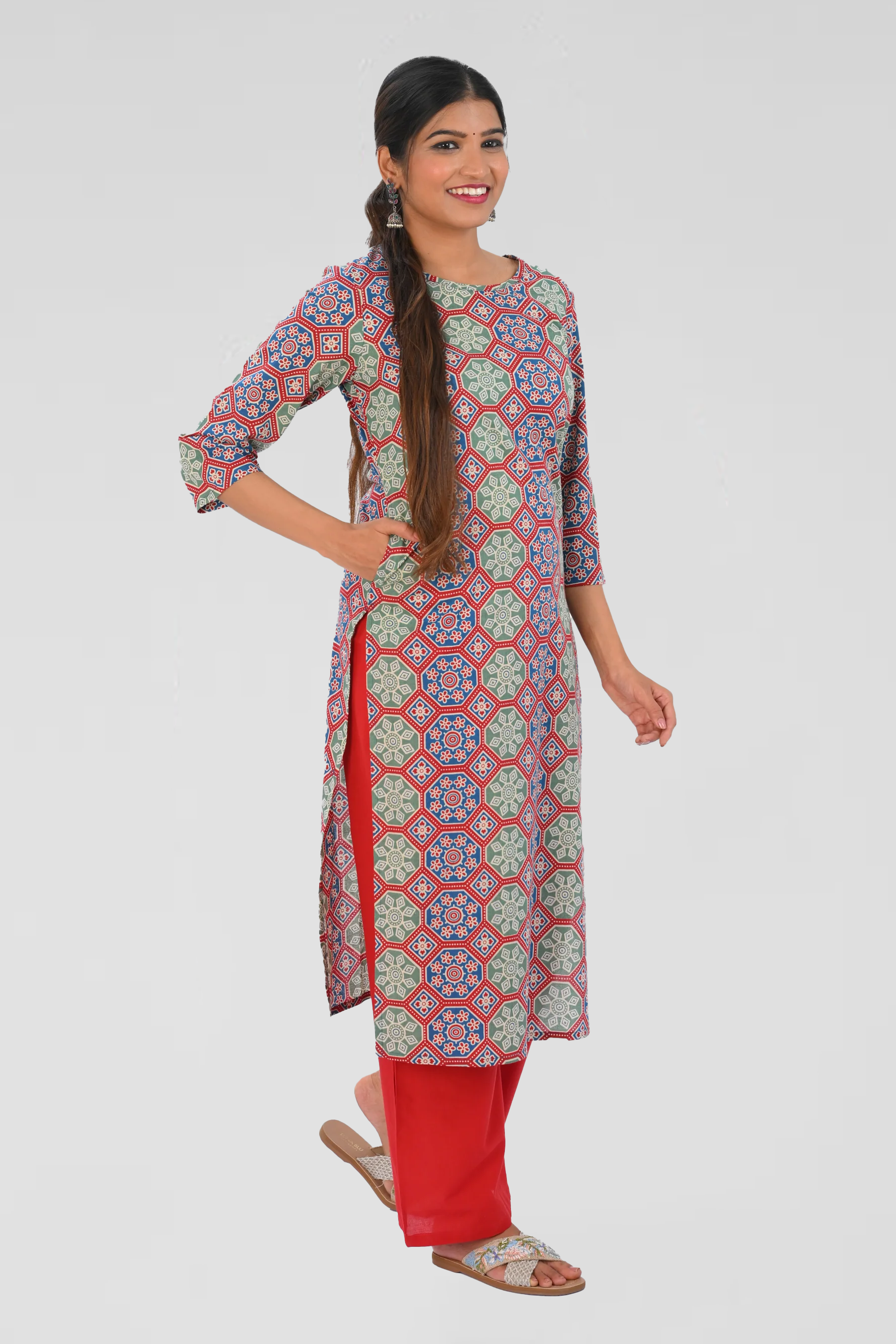 Ruby Red Cotton Printed Kurta Set