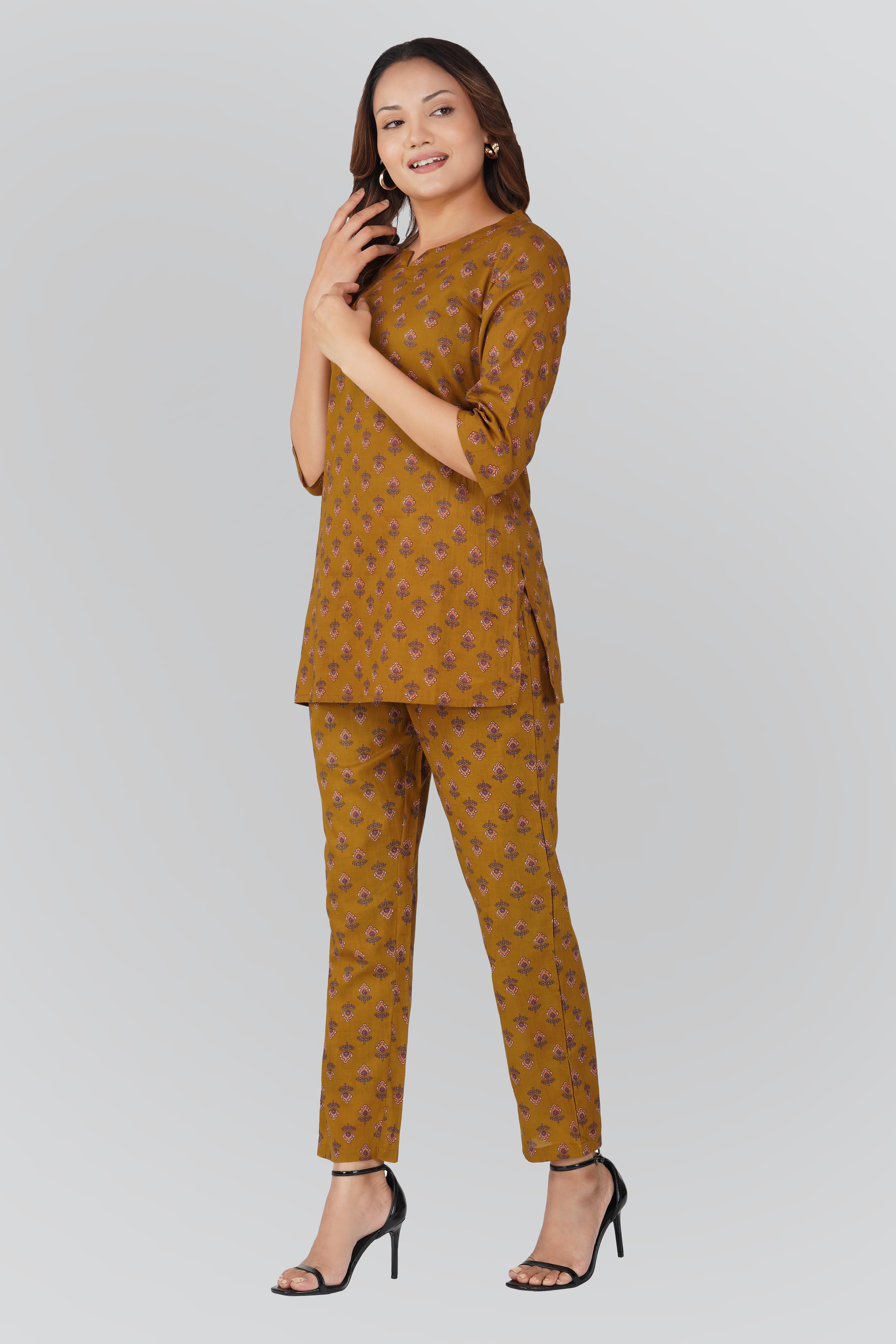 Dark Mustard Cotton Printed Pyjama Set
