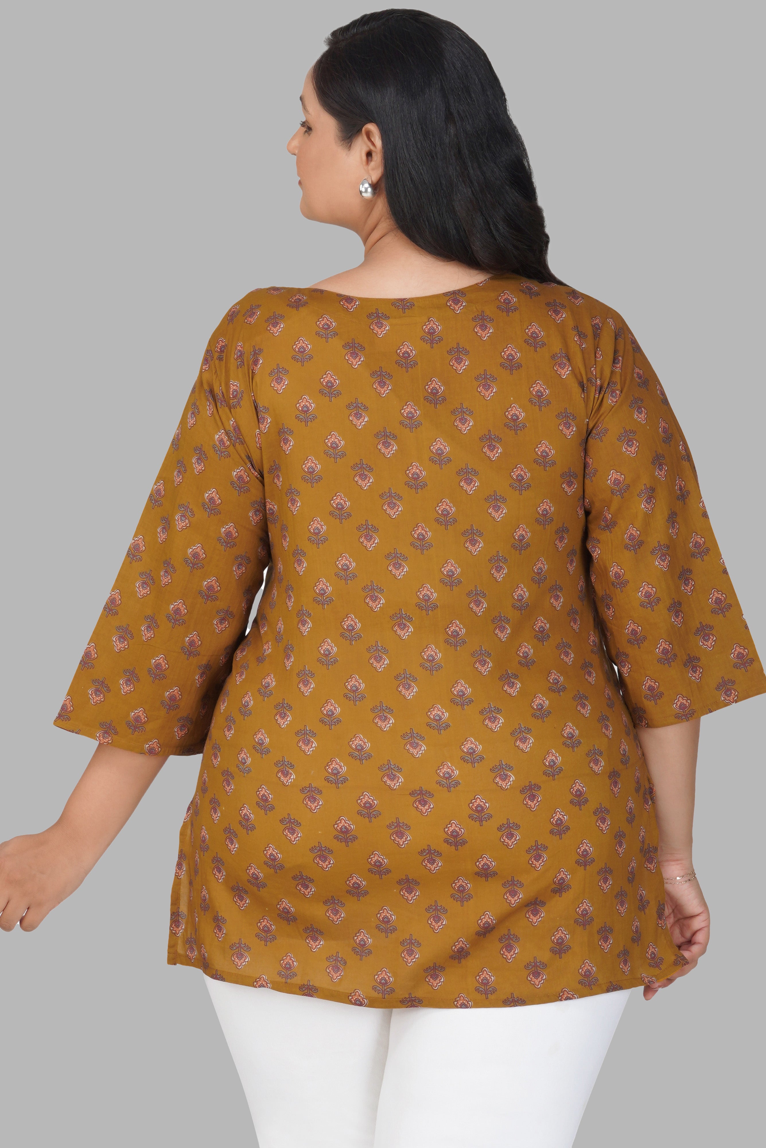 Dark Mustard Plus Size Cotton Printed Kurti
