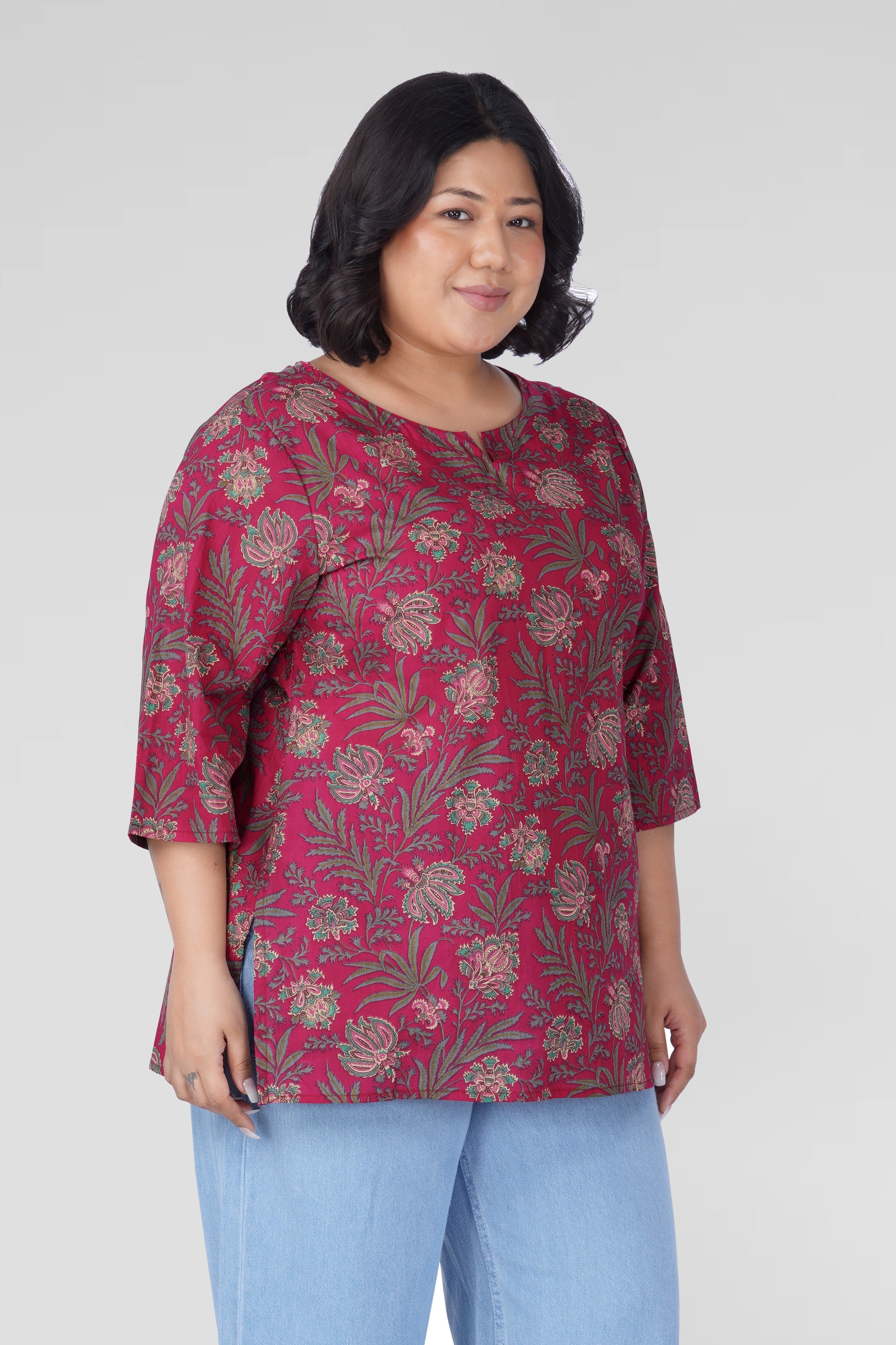 Dark Pink Plus Size Cotton Printed Kurti