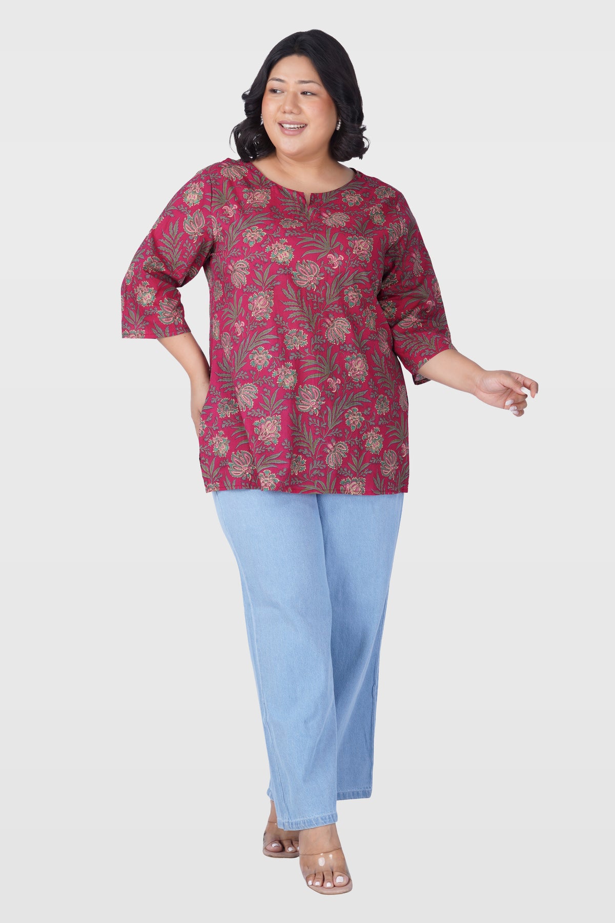 Dark Pink Plus Size Cotton Printed Kurti