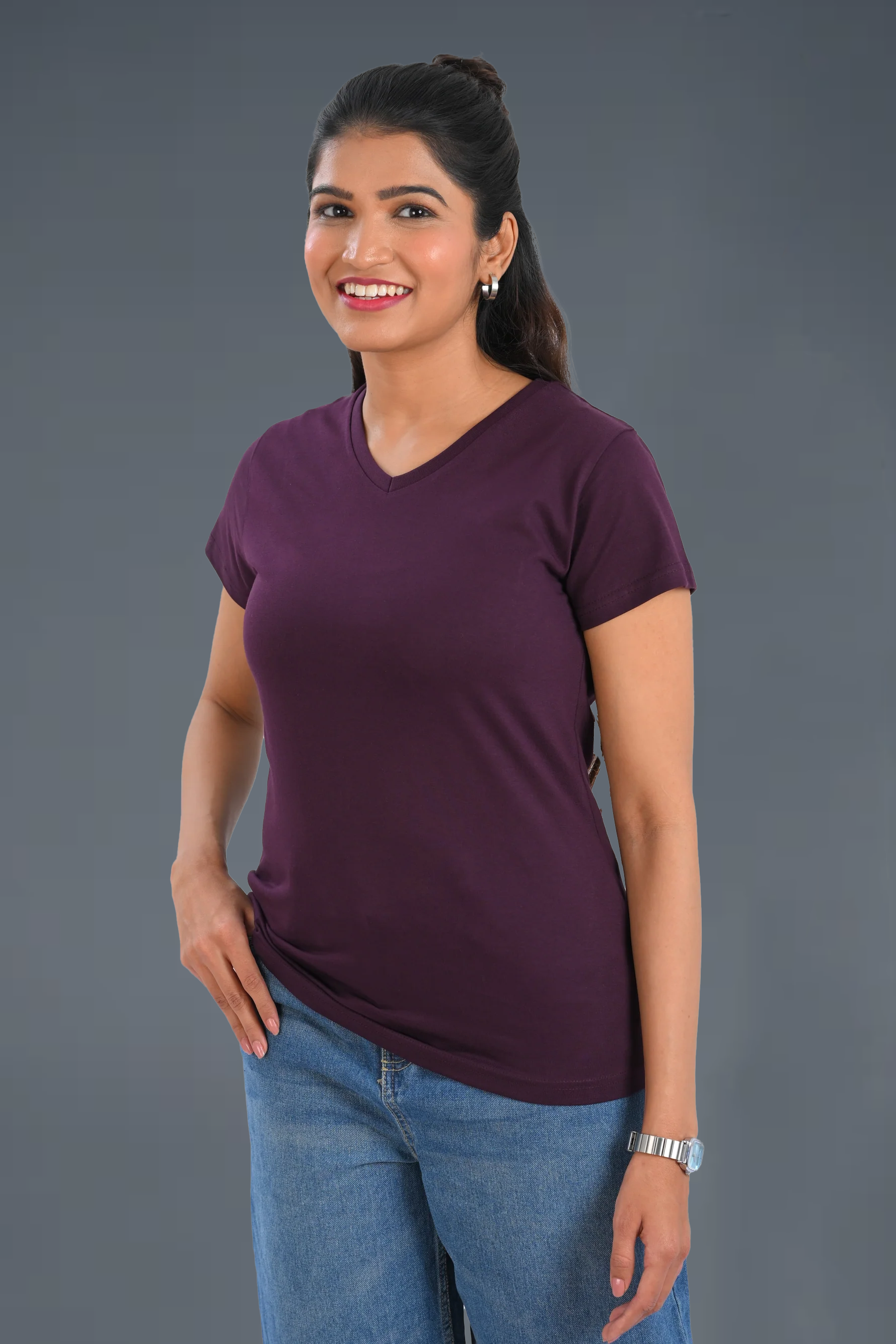 Dark Purple Cotton V Neck T-Shirt