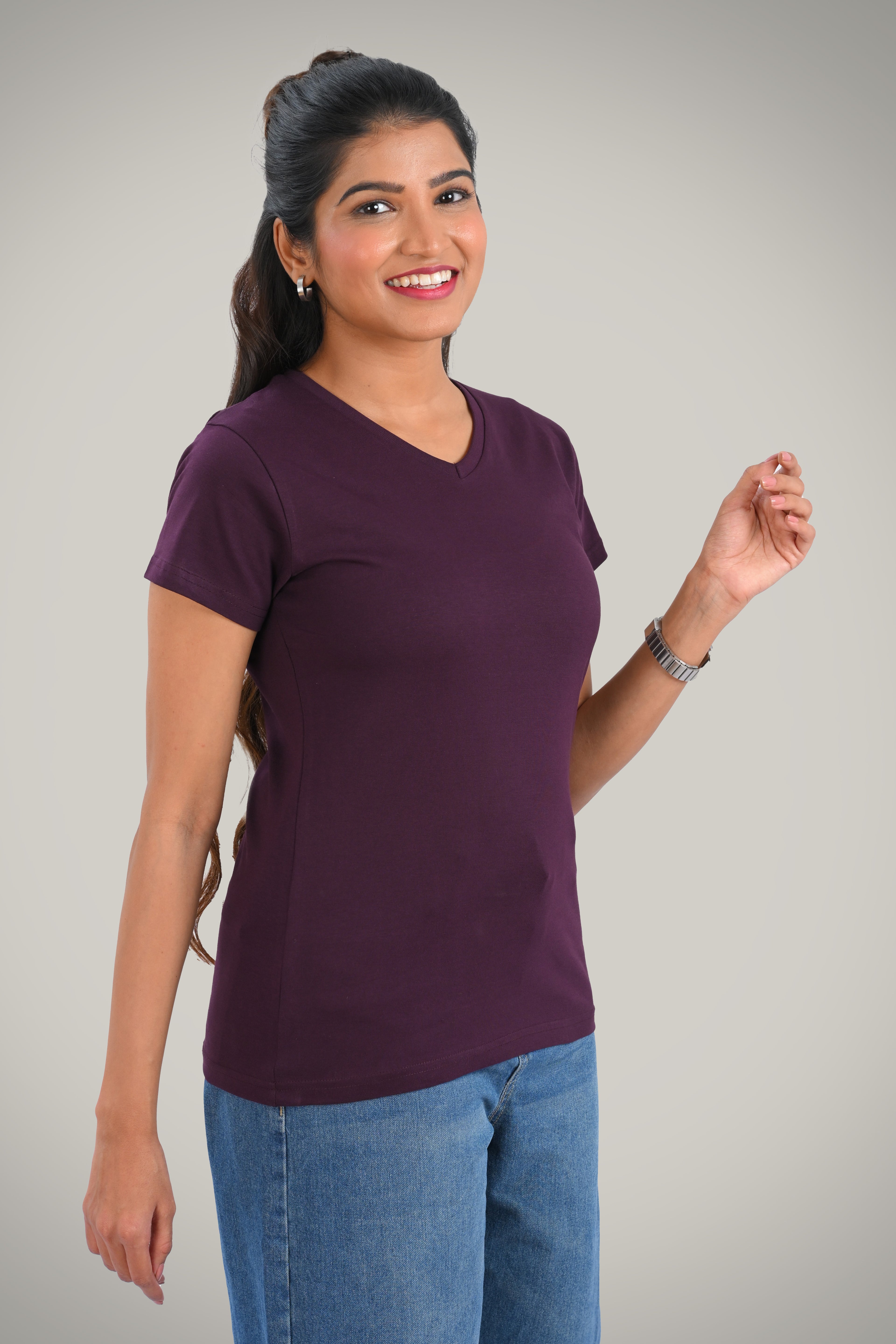 Dark Purple Cotton V Neck T-Shirt