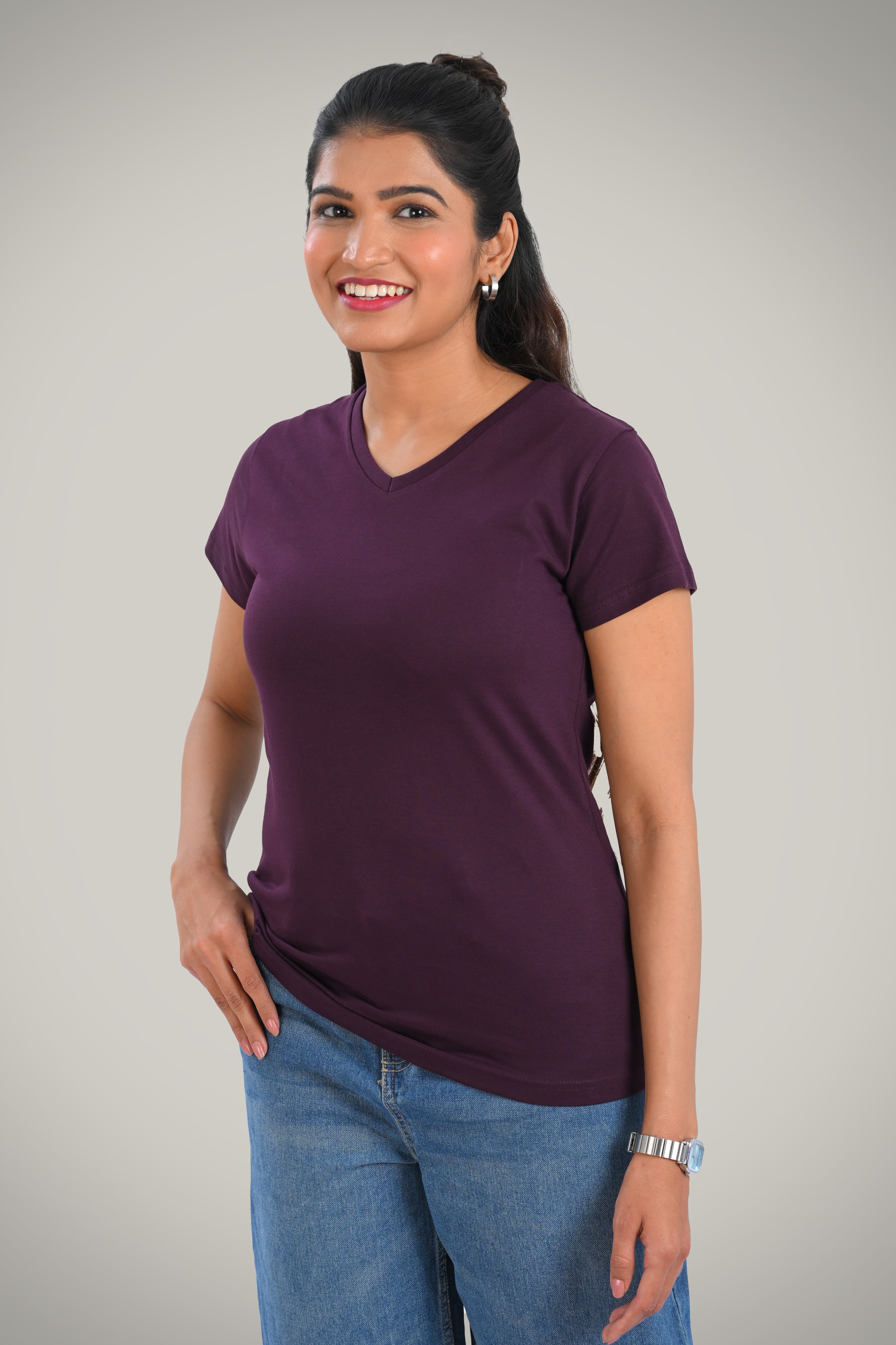 Dark Purple Cotton V Neck T-Shirt