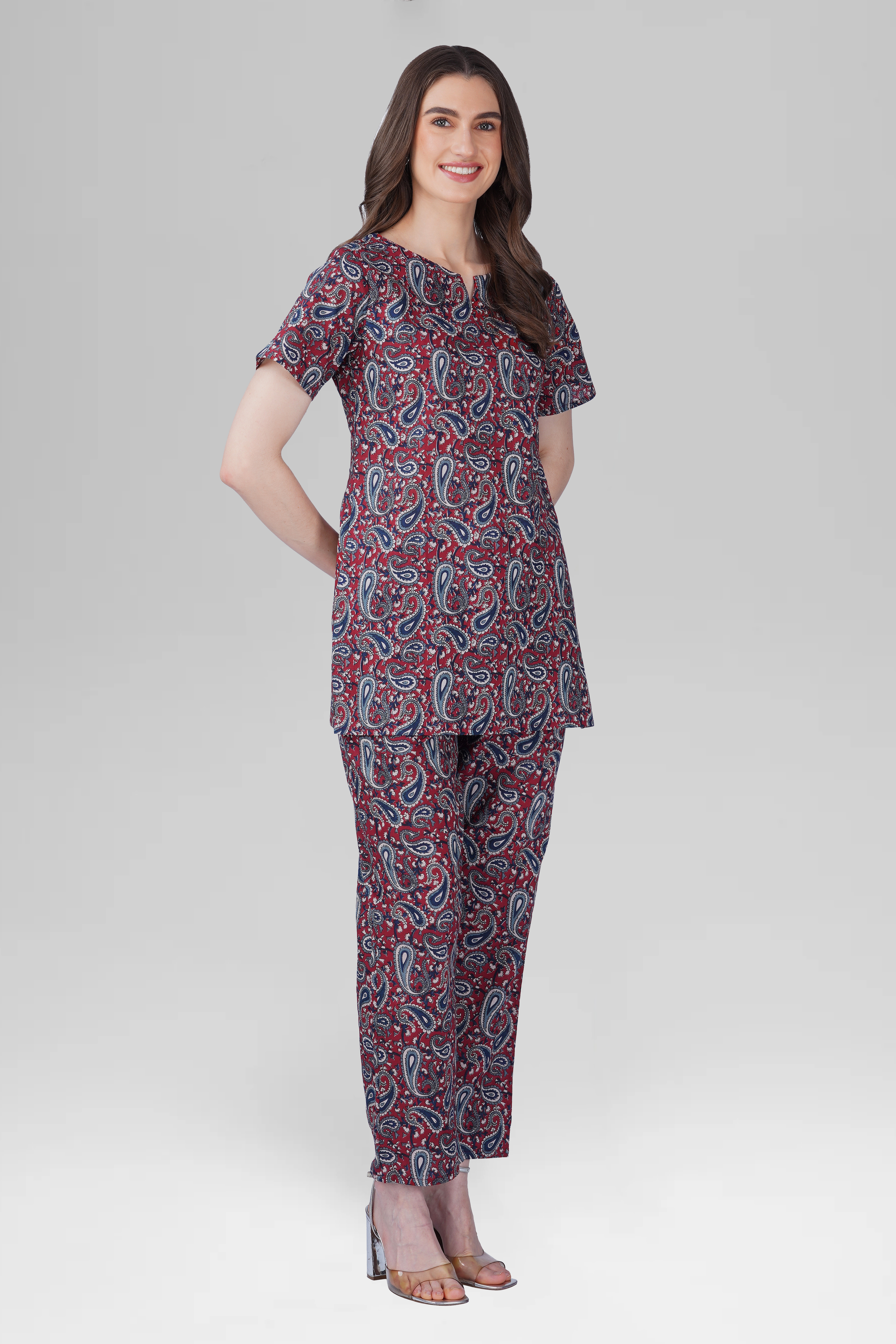 Dark Red Cotton Printed Pyjama Set