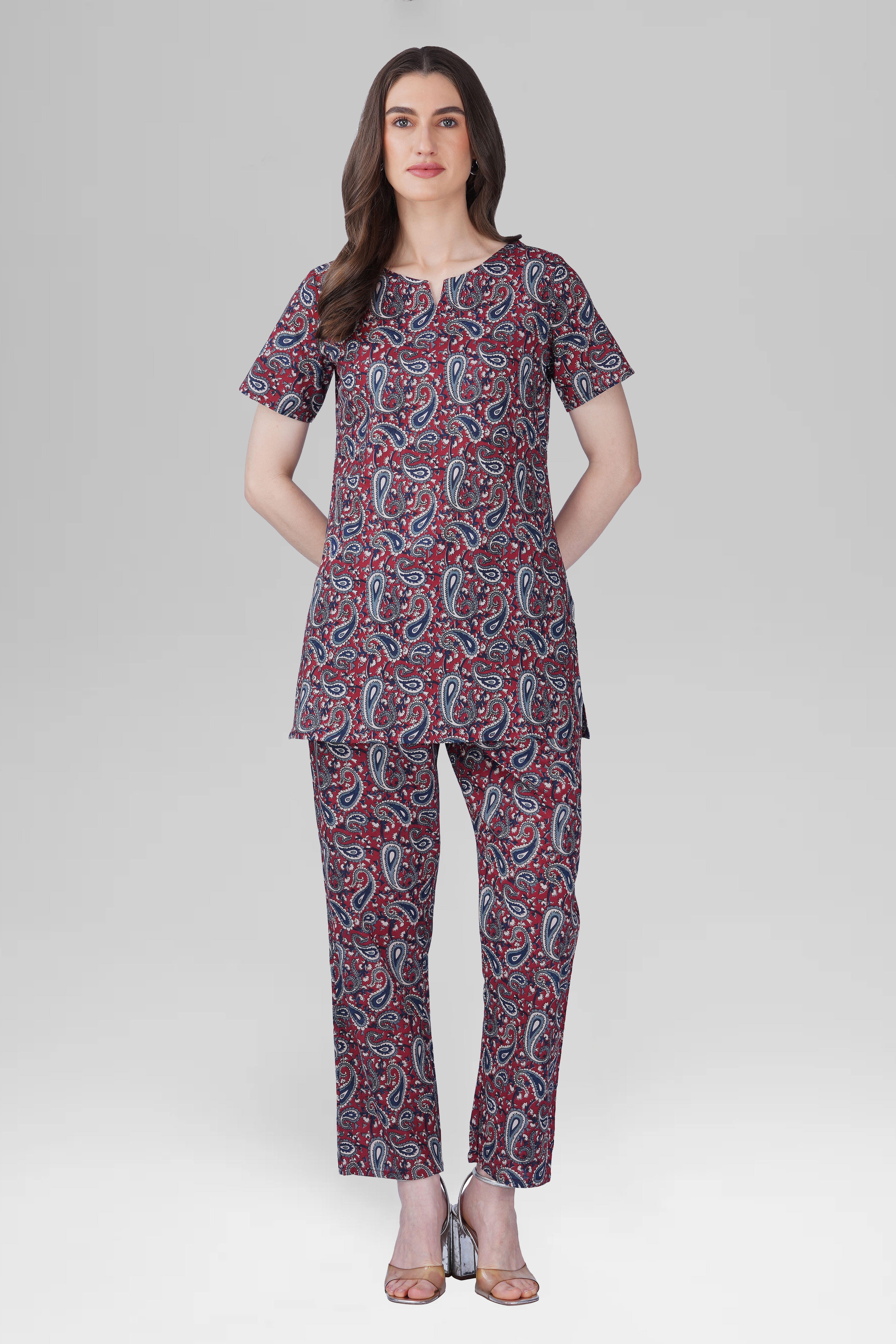 Dark Red Cotton Printed Pyjama Set