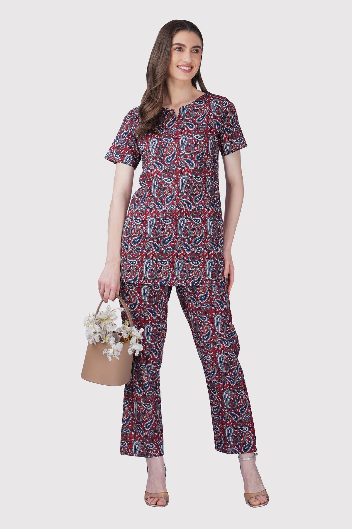 Dark Red Cotton Printed Pyjama Set