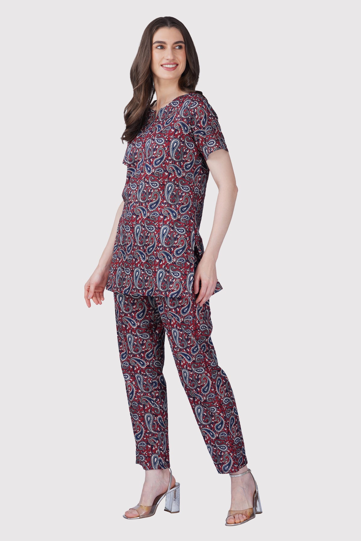 Dark Red Cotton Printed Pyjama Set
