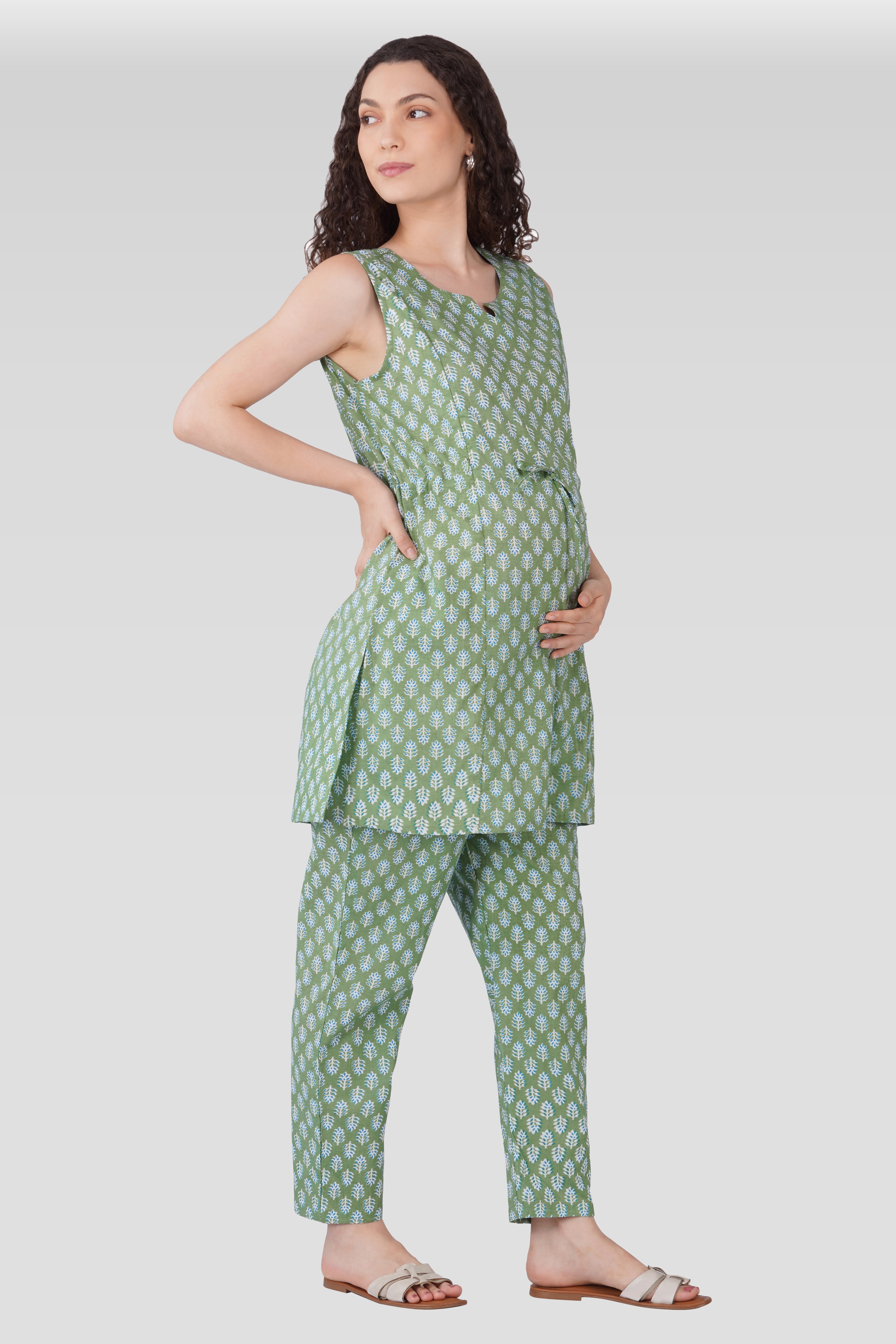 Dark Sea Green Cotton Printed Maternity and Feeding Kurta Set