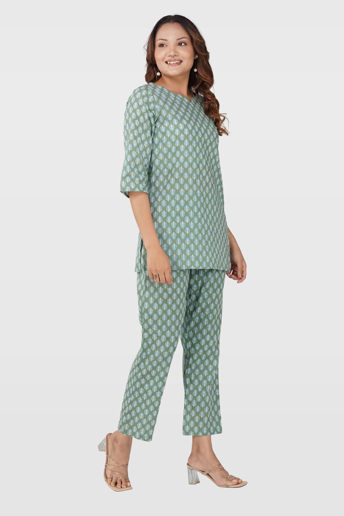 Dark Sea Green Cotton Printed Pyjama Set