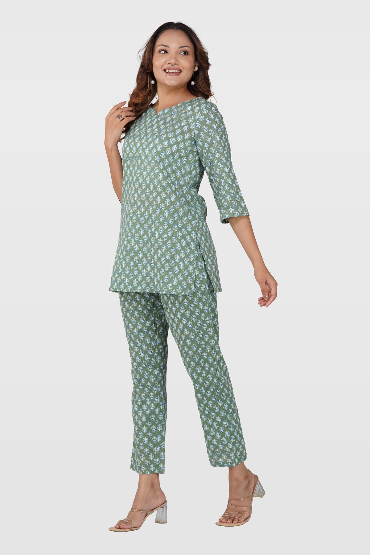 Dark Sea Green Cotton Printed Pyjama Set