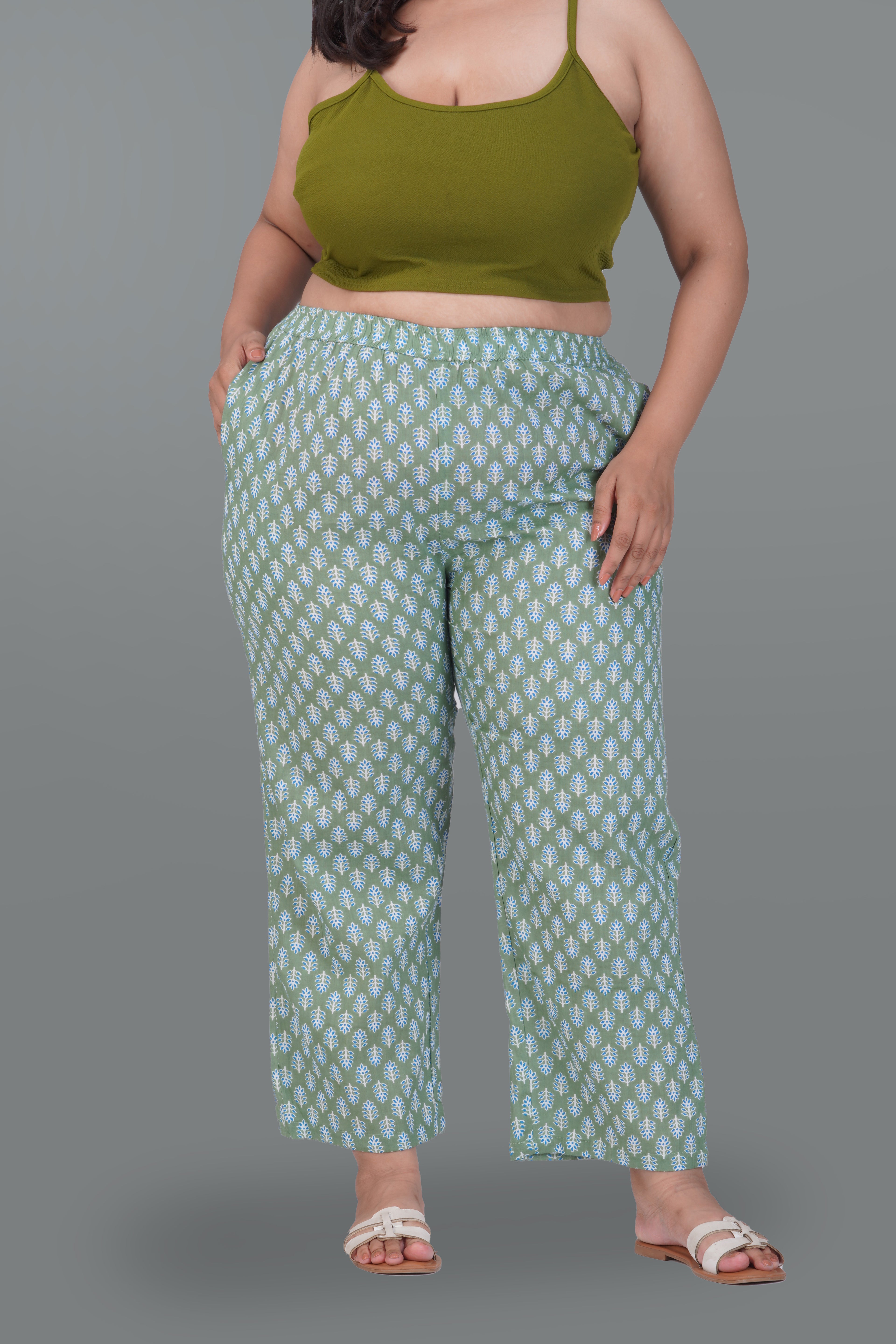 Dark Sea Green Plus Size Cotton Printed Bottom
