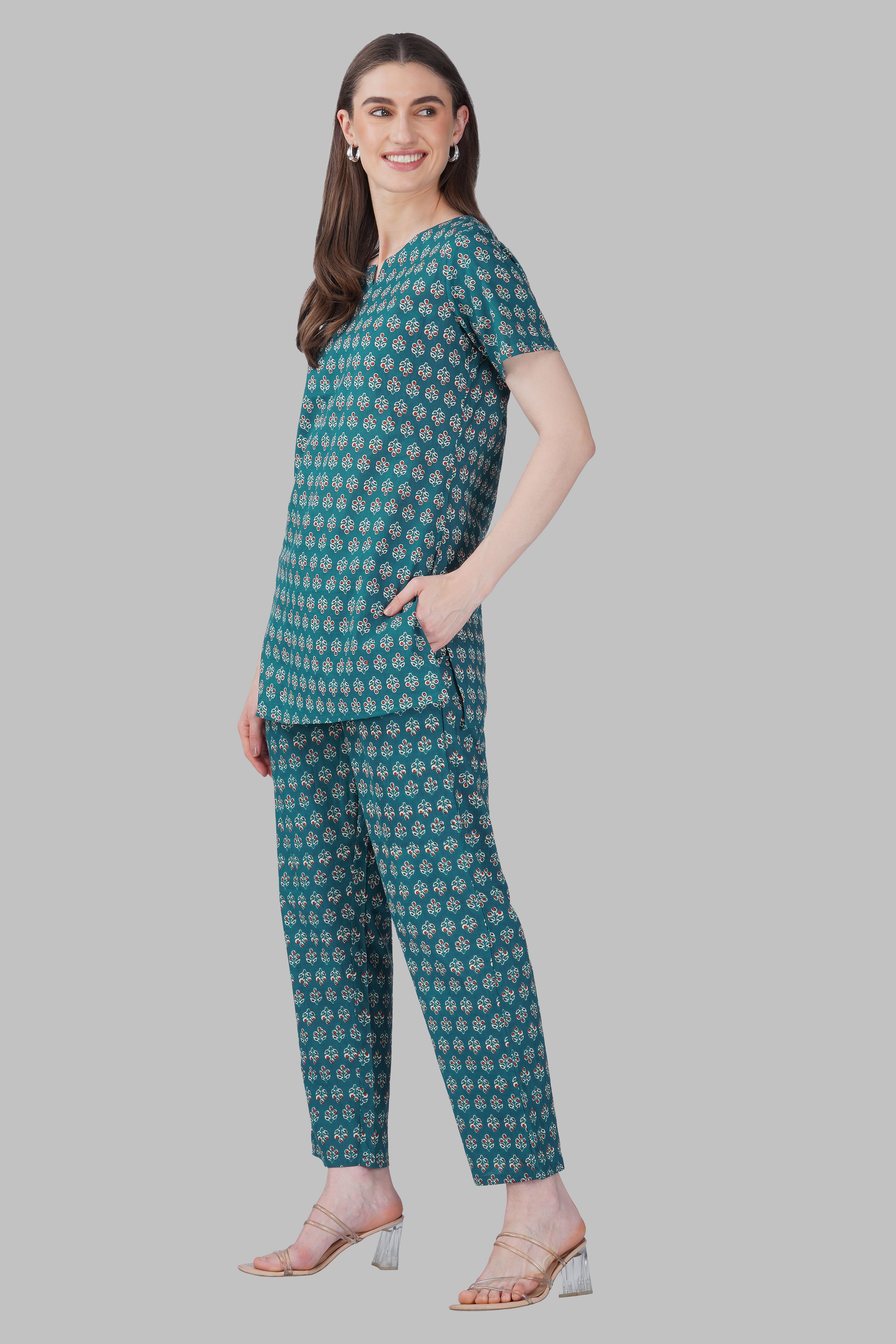 Dark Teal Cotton Printed Pyjama Set