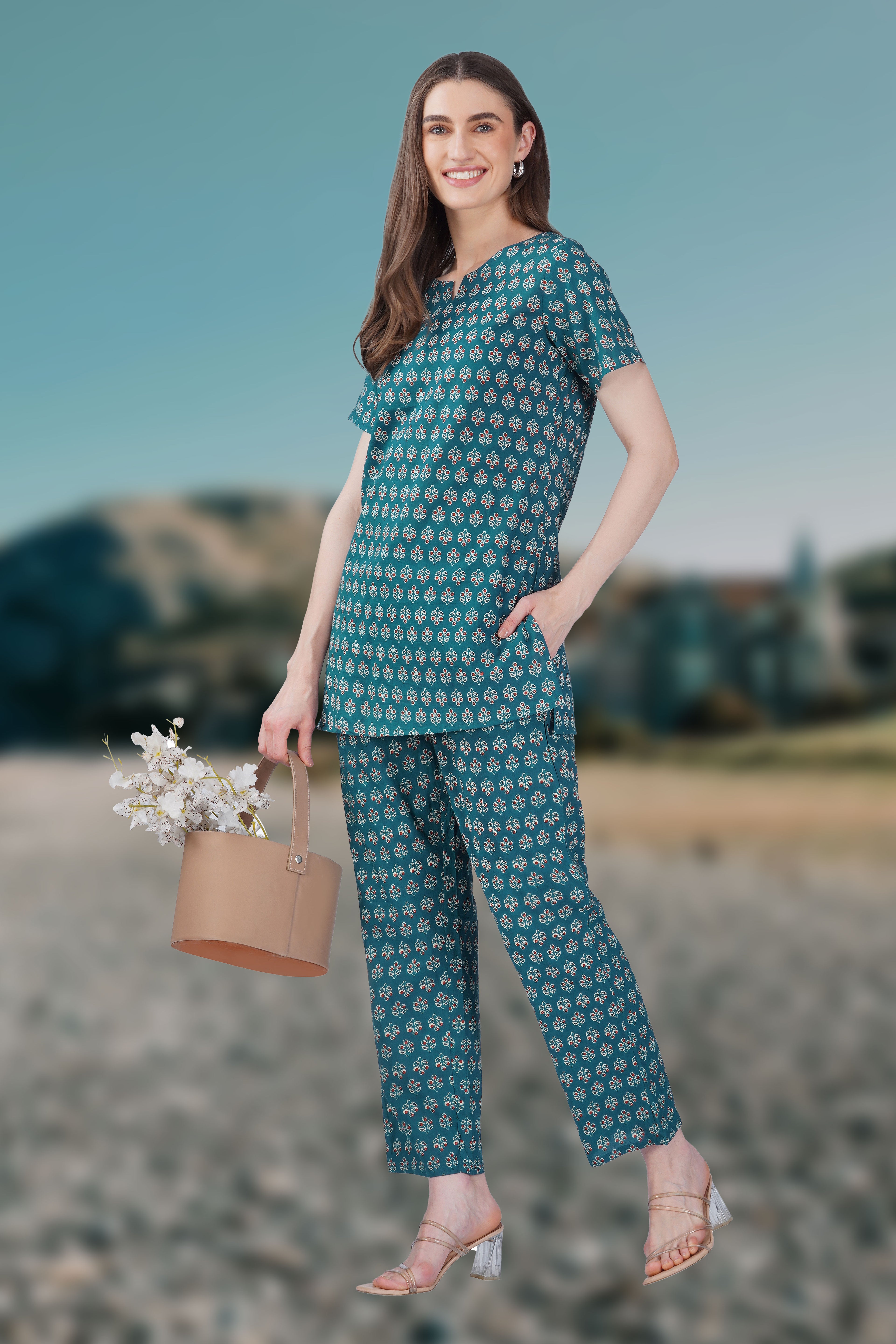 Dark Teal Cotton Printed Pyjama Set
