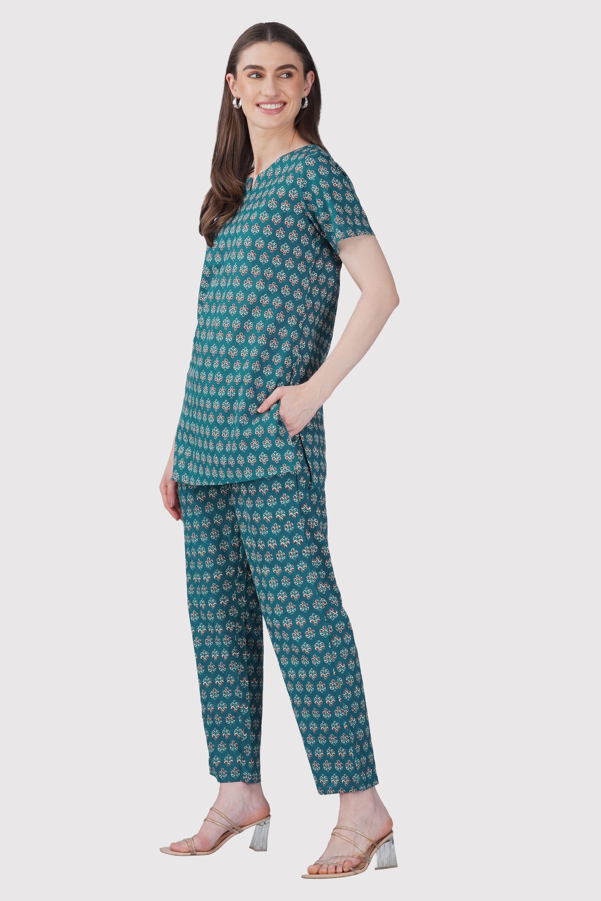 Dark Teal Cotton Printed Pyjama Set