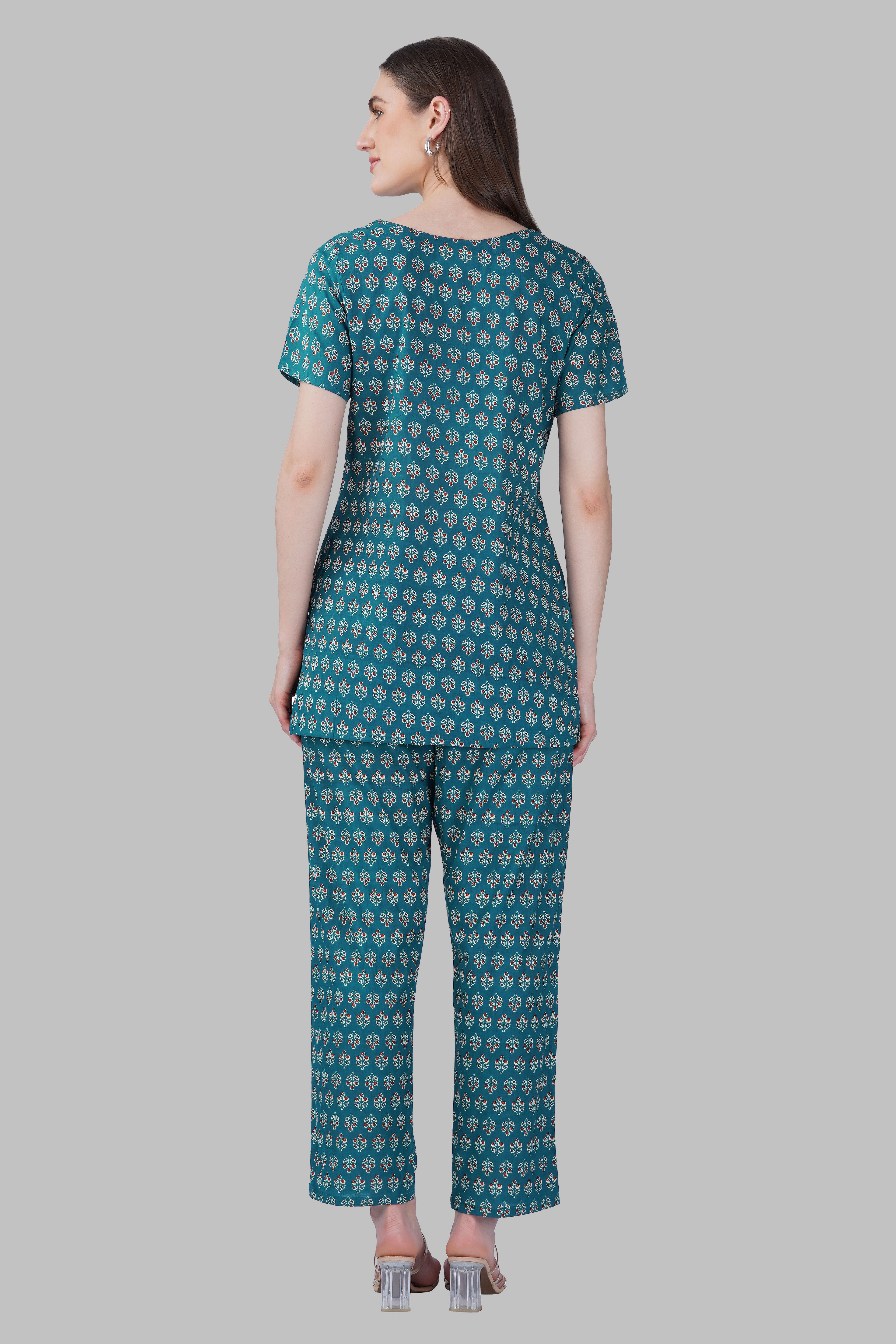 Dark Teal Cotton Printed Pyjama Set