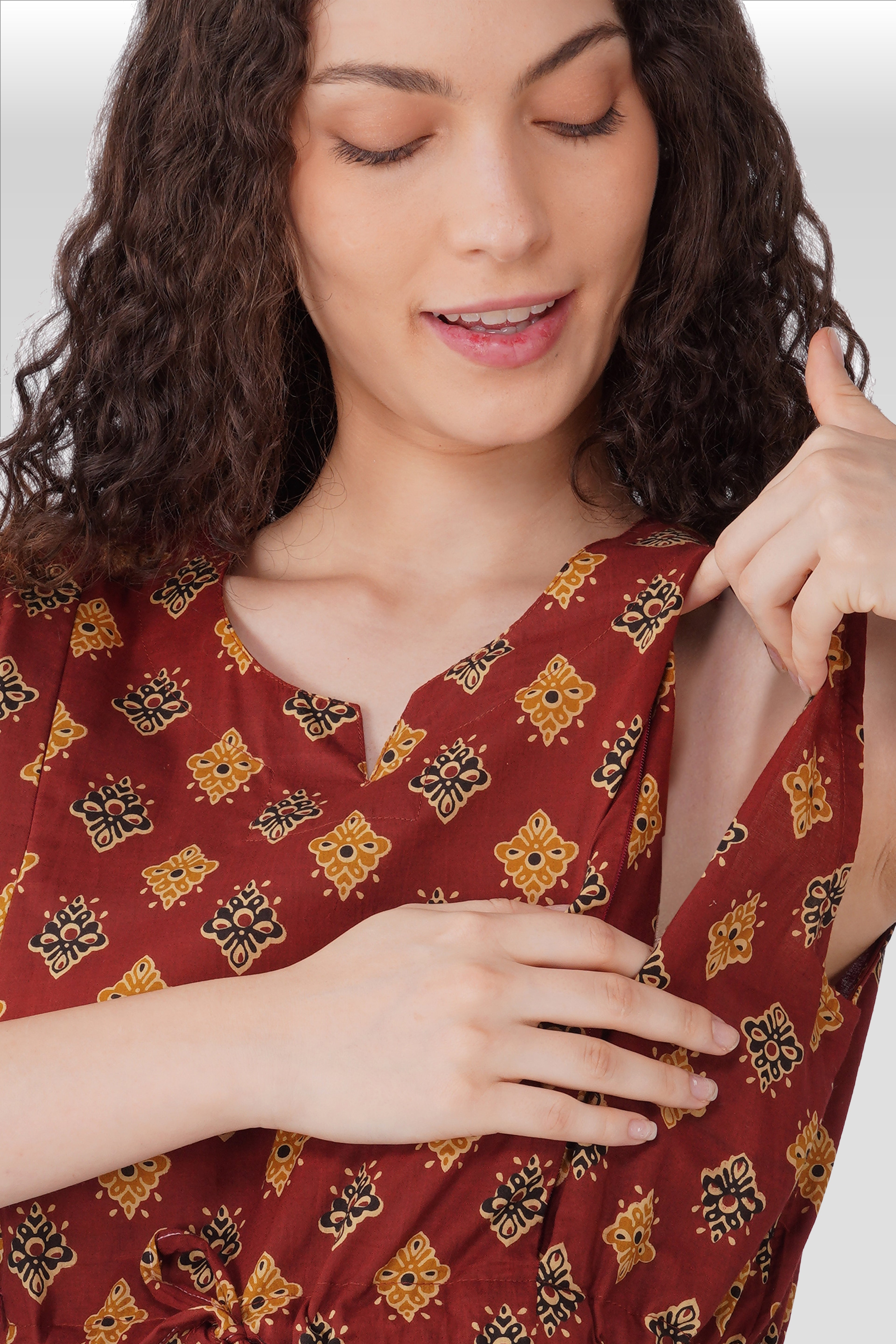 Dark Terracotta Cotton Printed Maternity and Feeding Kurta Set