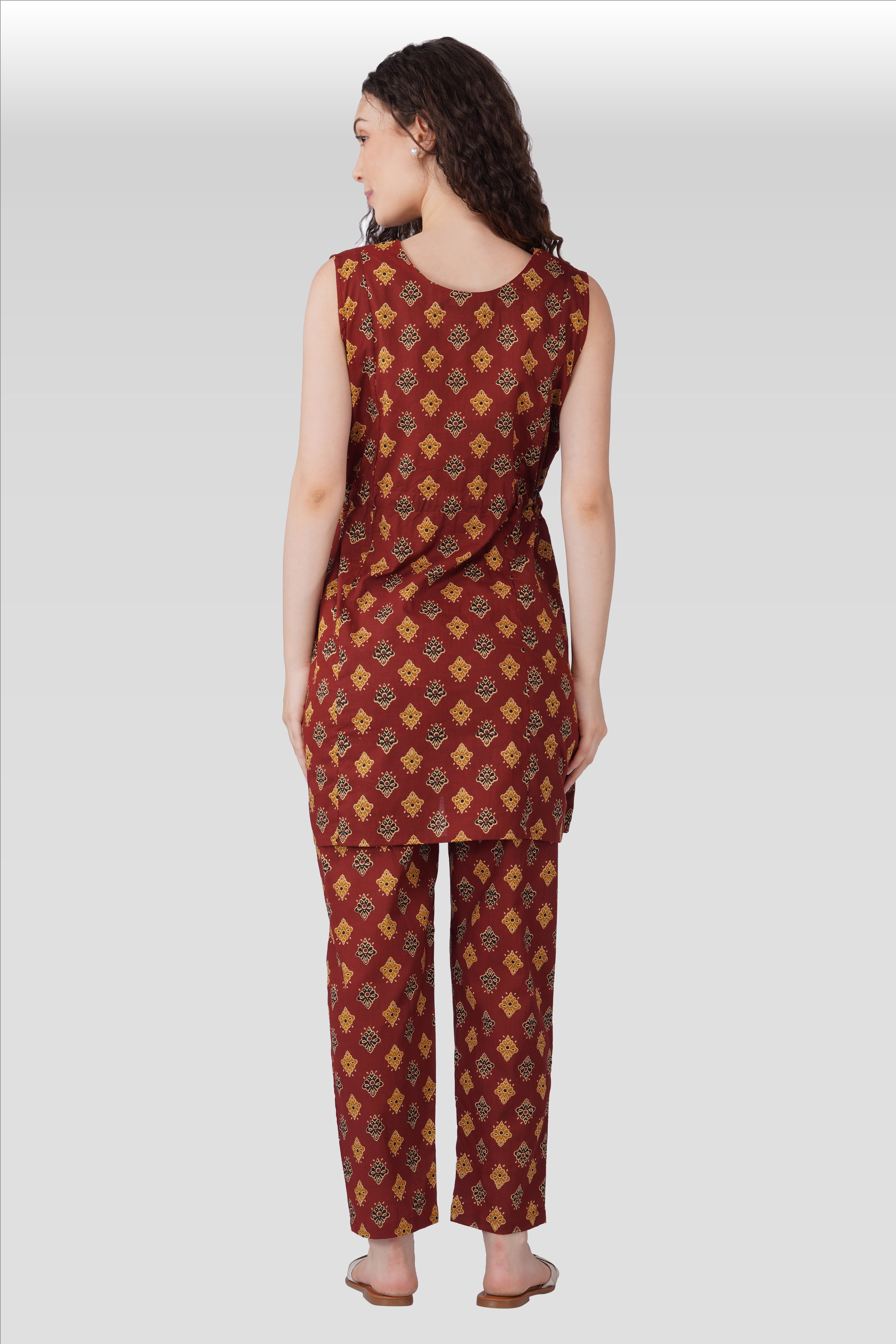 Dark Terracotta Cotton Printed Maternity and Feeding Kurta Set