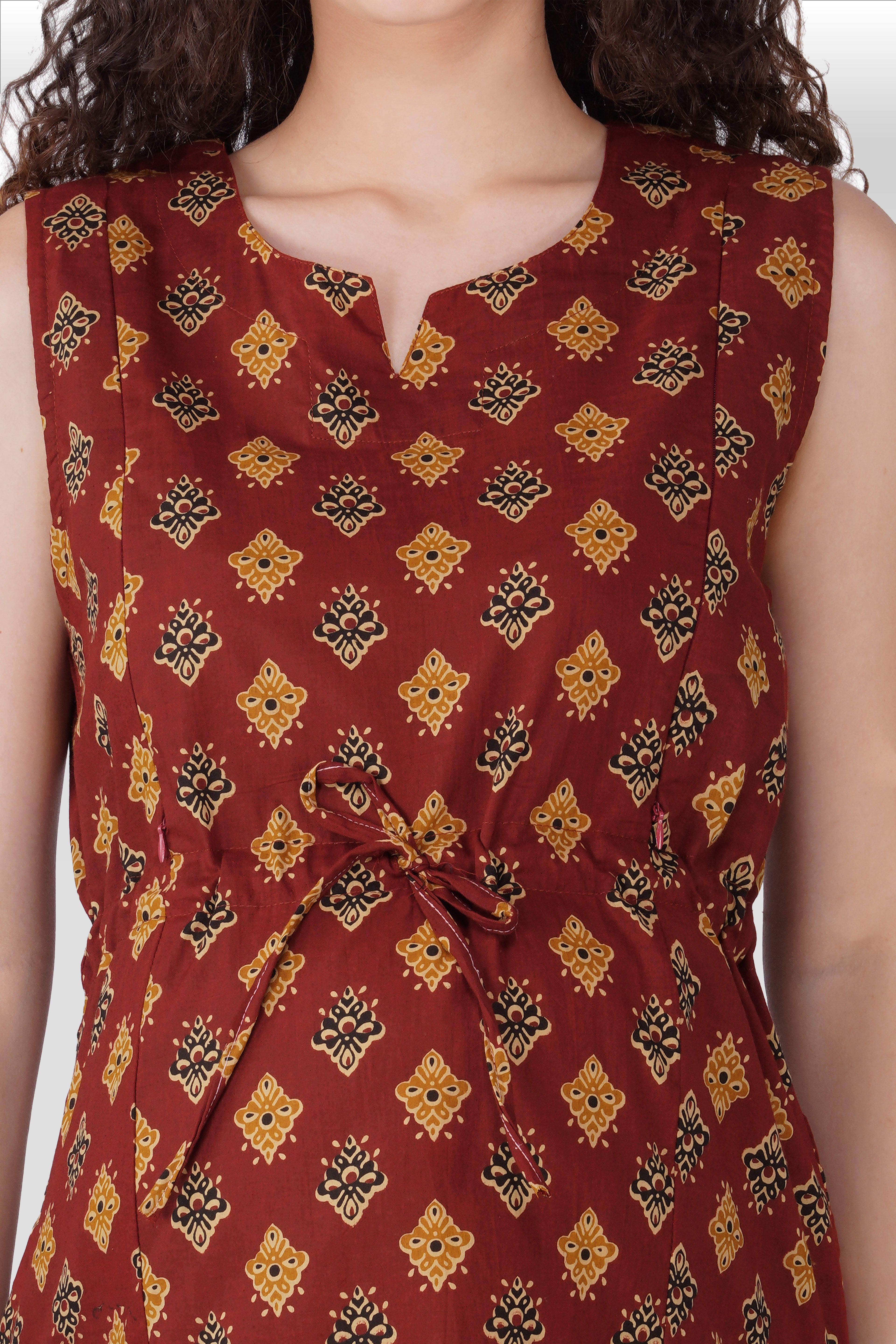 Dark Terracotta Cotton Printed Maternity and Feeding Kurta Set