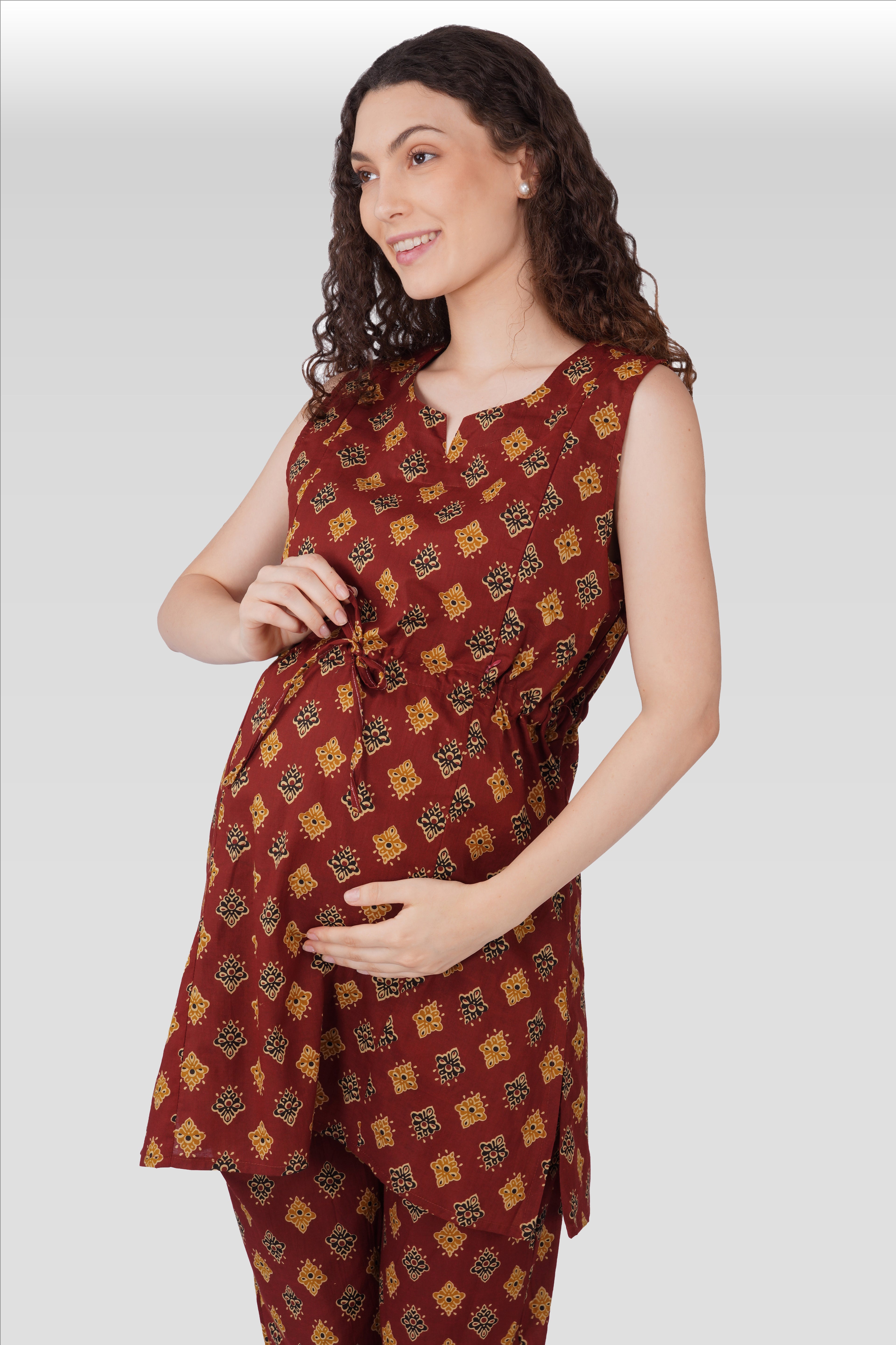Dark Terracotta Cotton Printed Maternity and Feeding Kurta Set