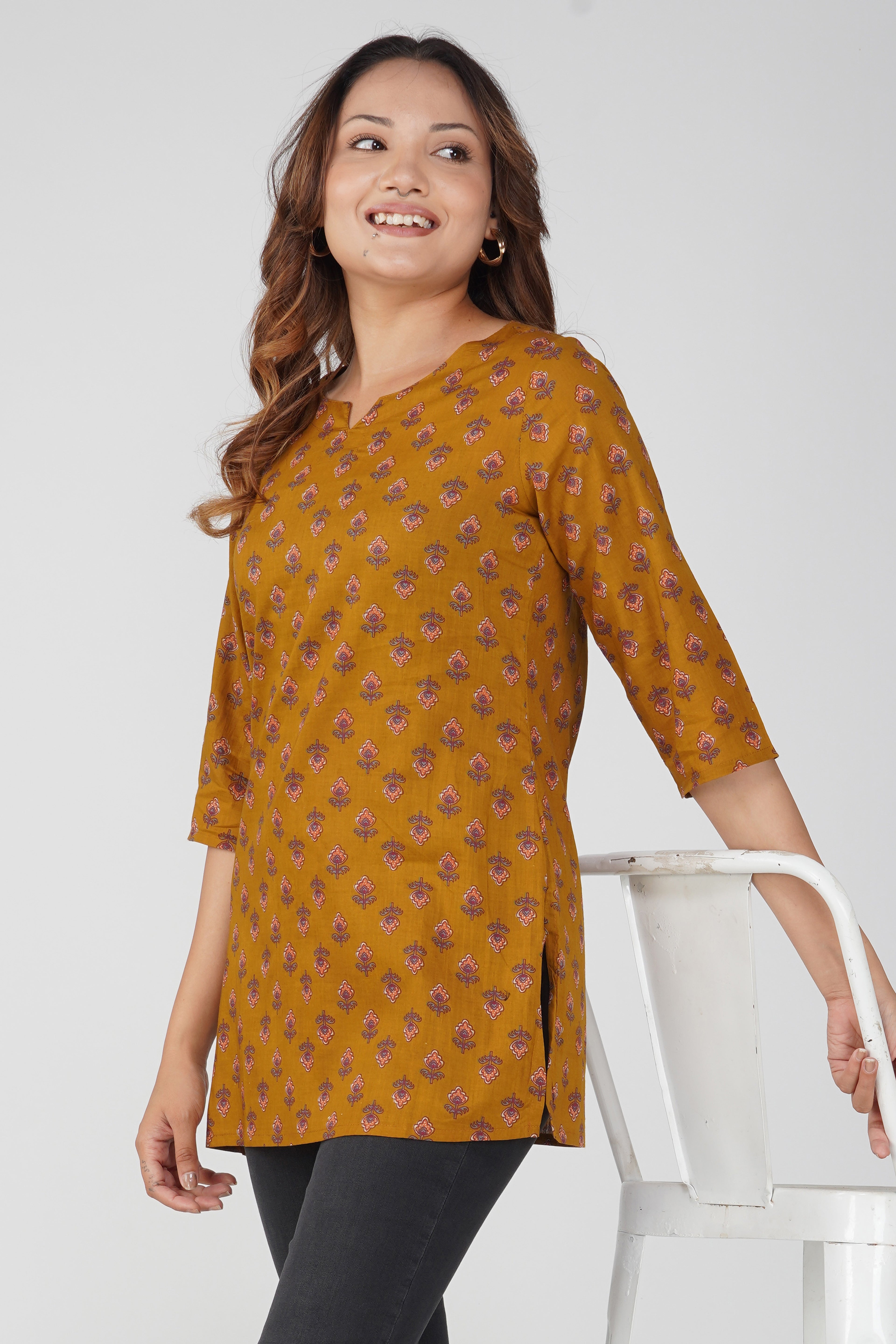 Dark Mustard Cotton Printed Kurti