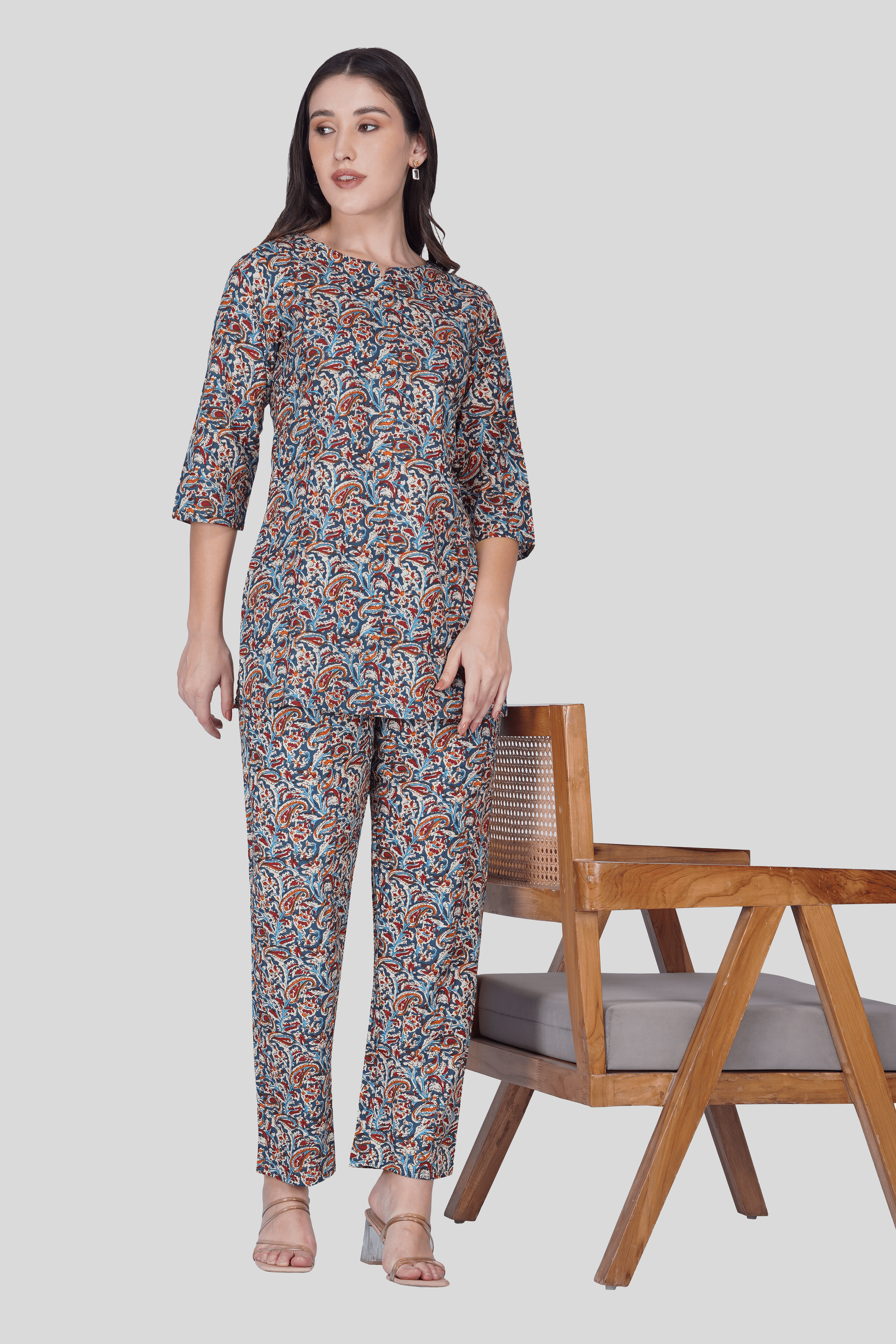Deep Blue Cotton Printed Pyjama Set