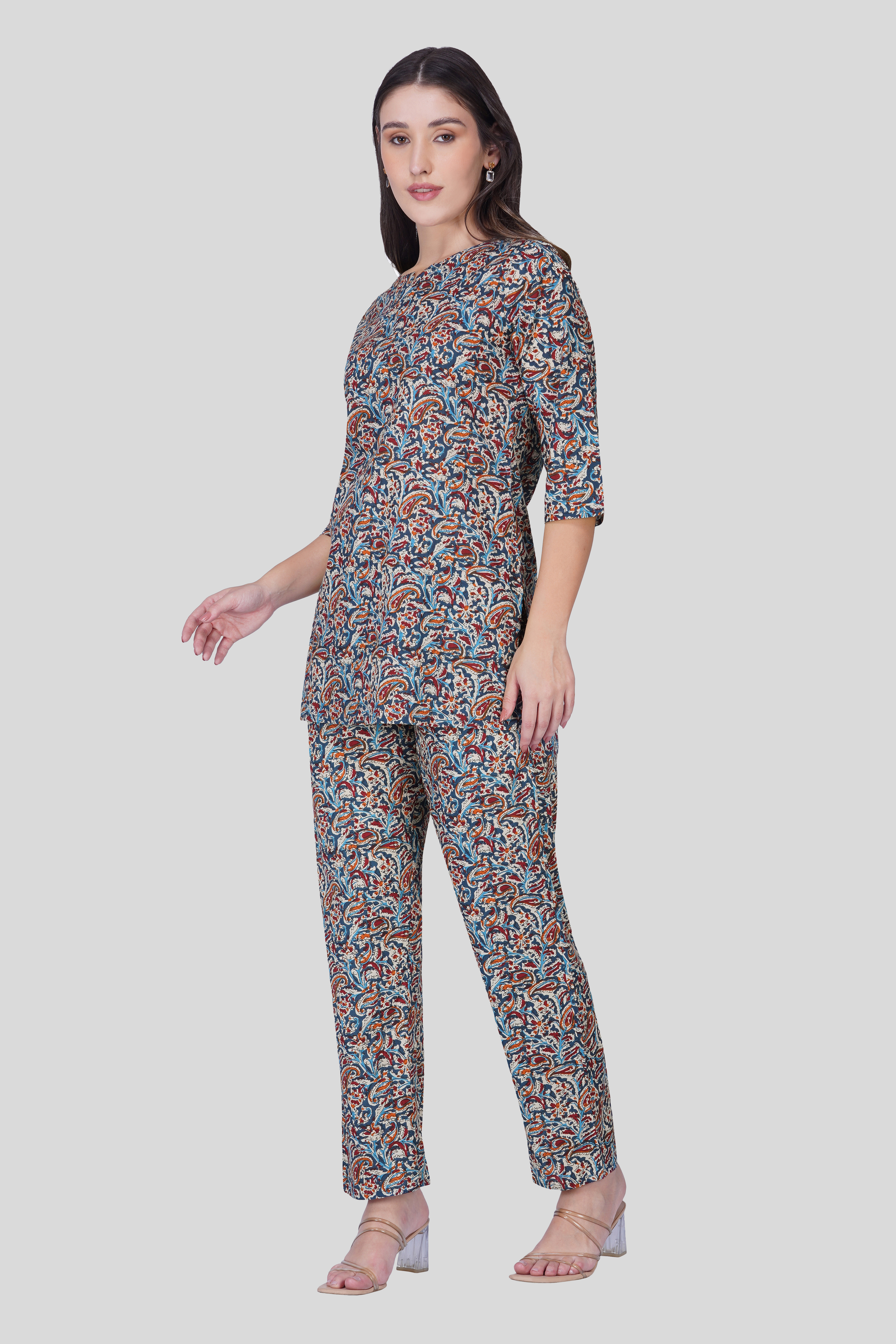 Deep Blue Cotton Printed Pyjama Set