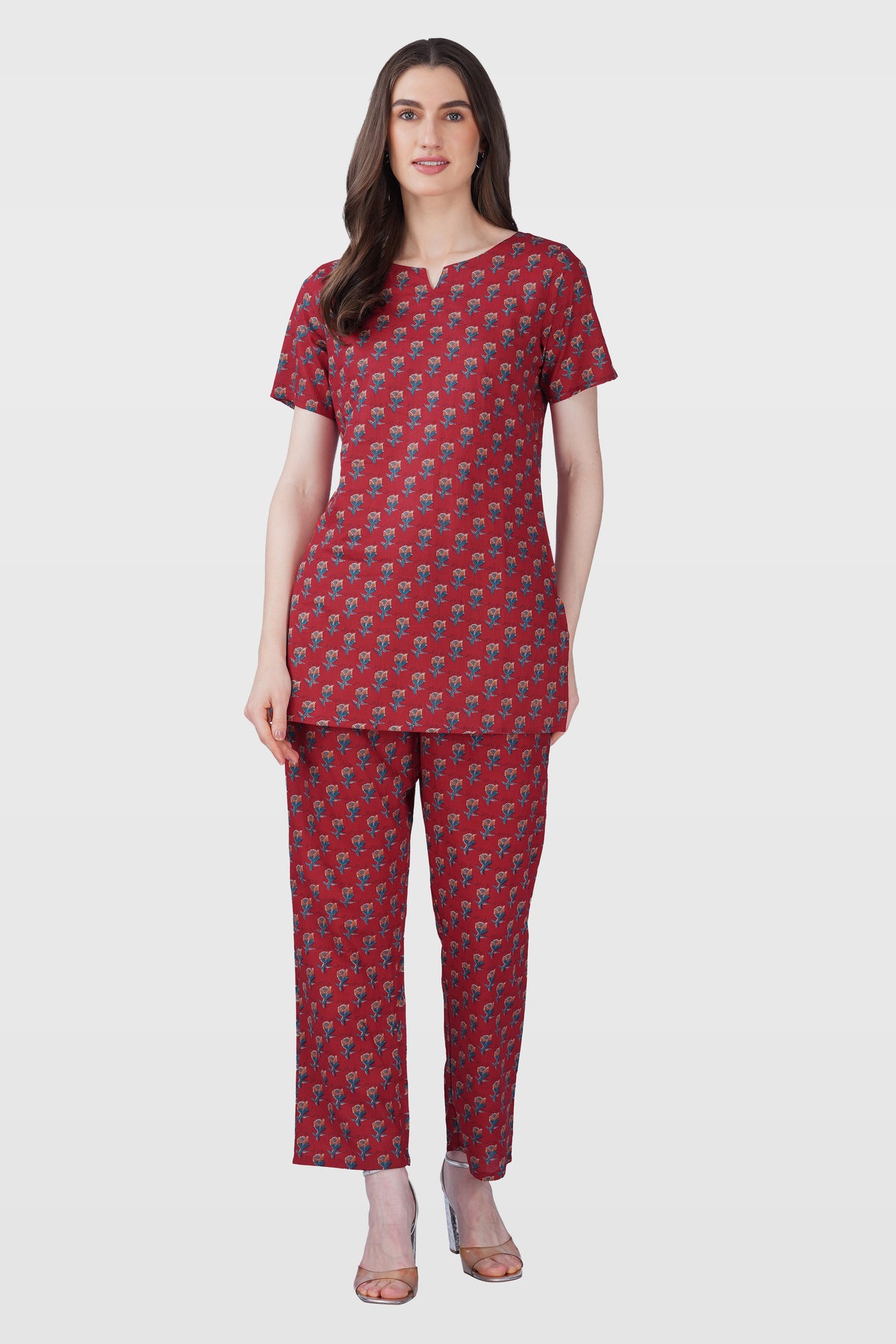 Deep Crimson Cotton Printed Pyjama Set
