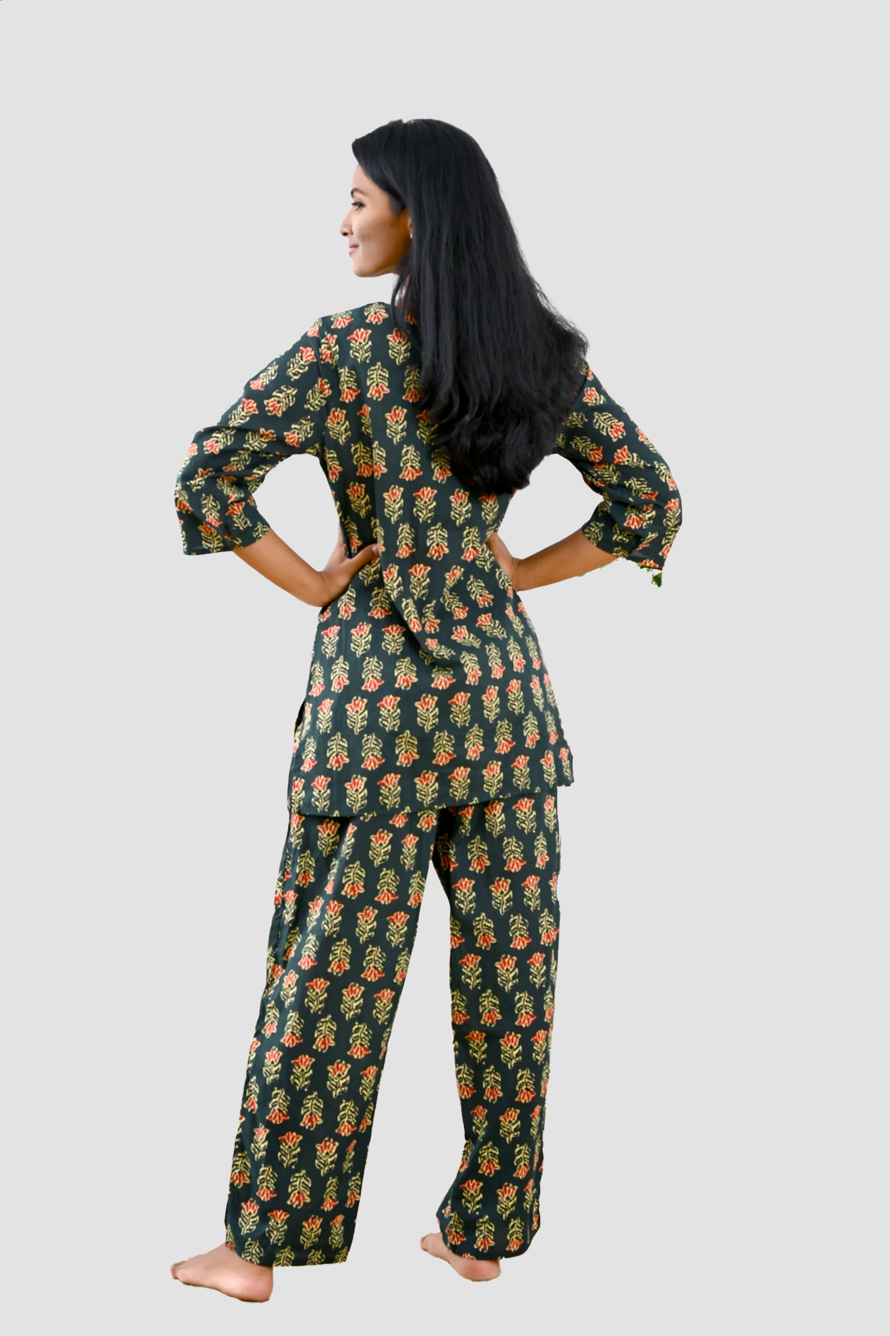Deep Green Cotton Printed Pyjama Set