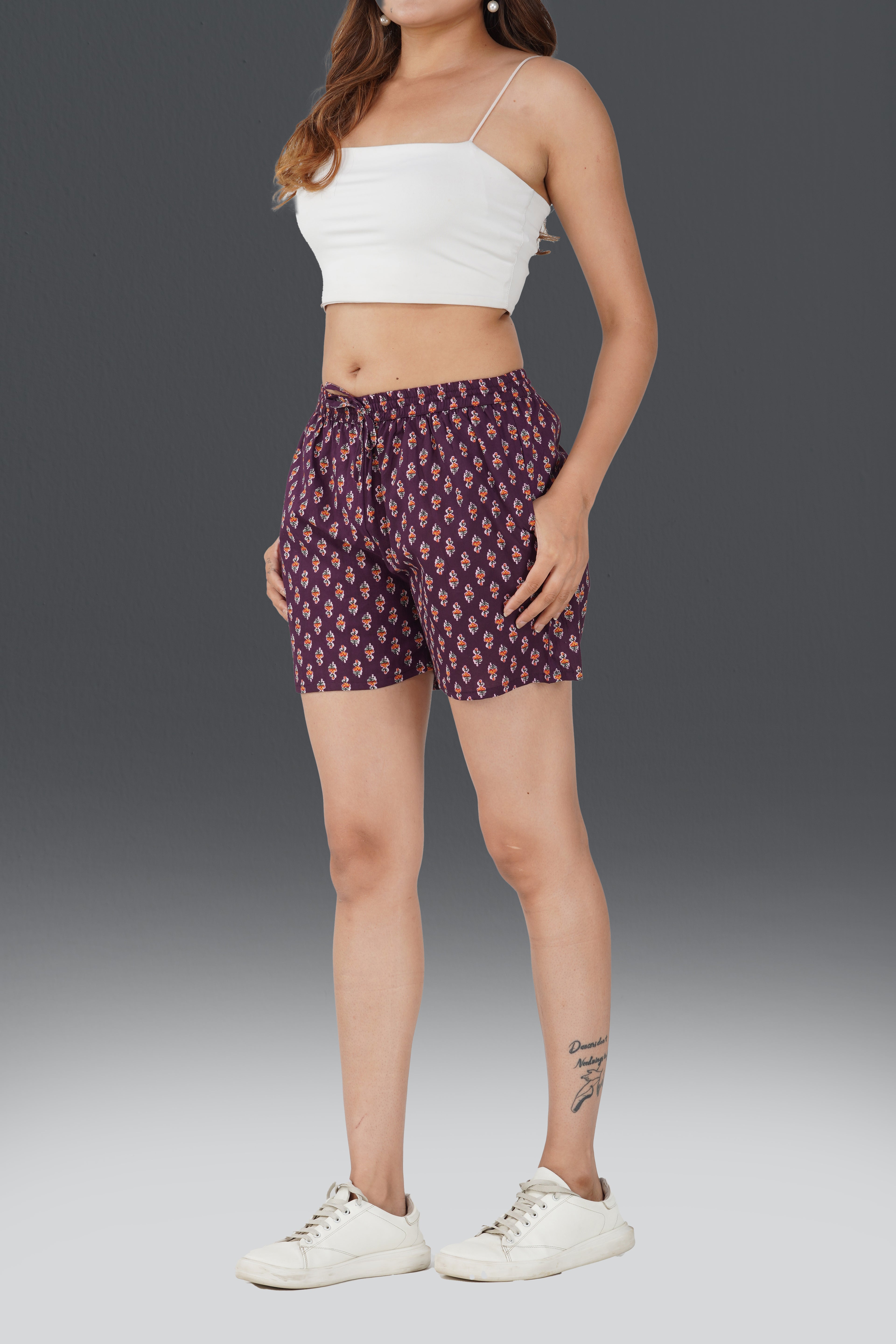 Deep Purple Cotton Printed Shorts
