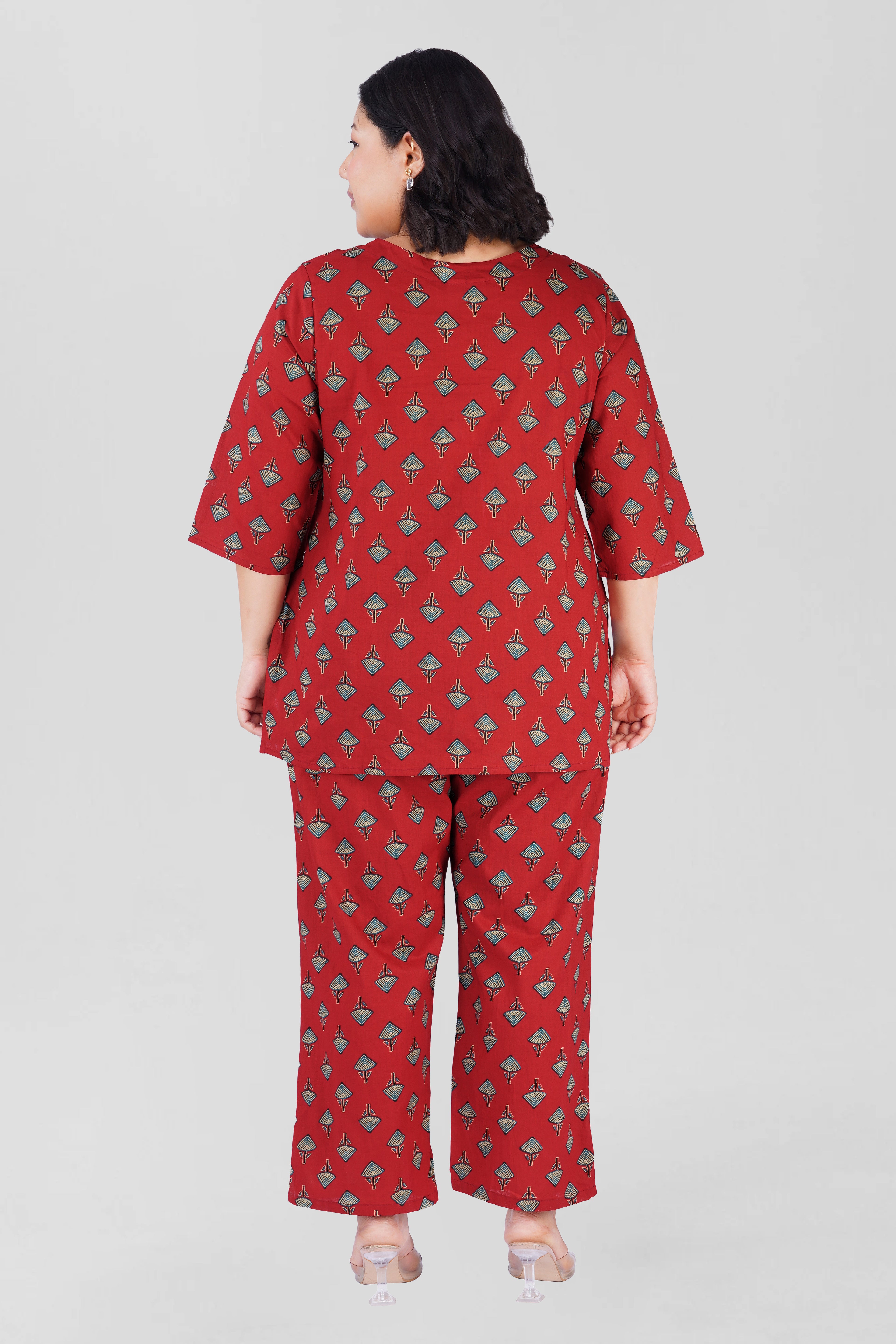 Deep Red Plus Size Cotton Printed Pyjama Set