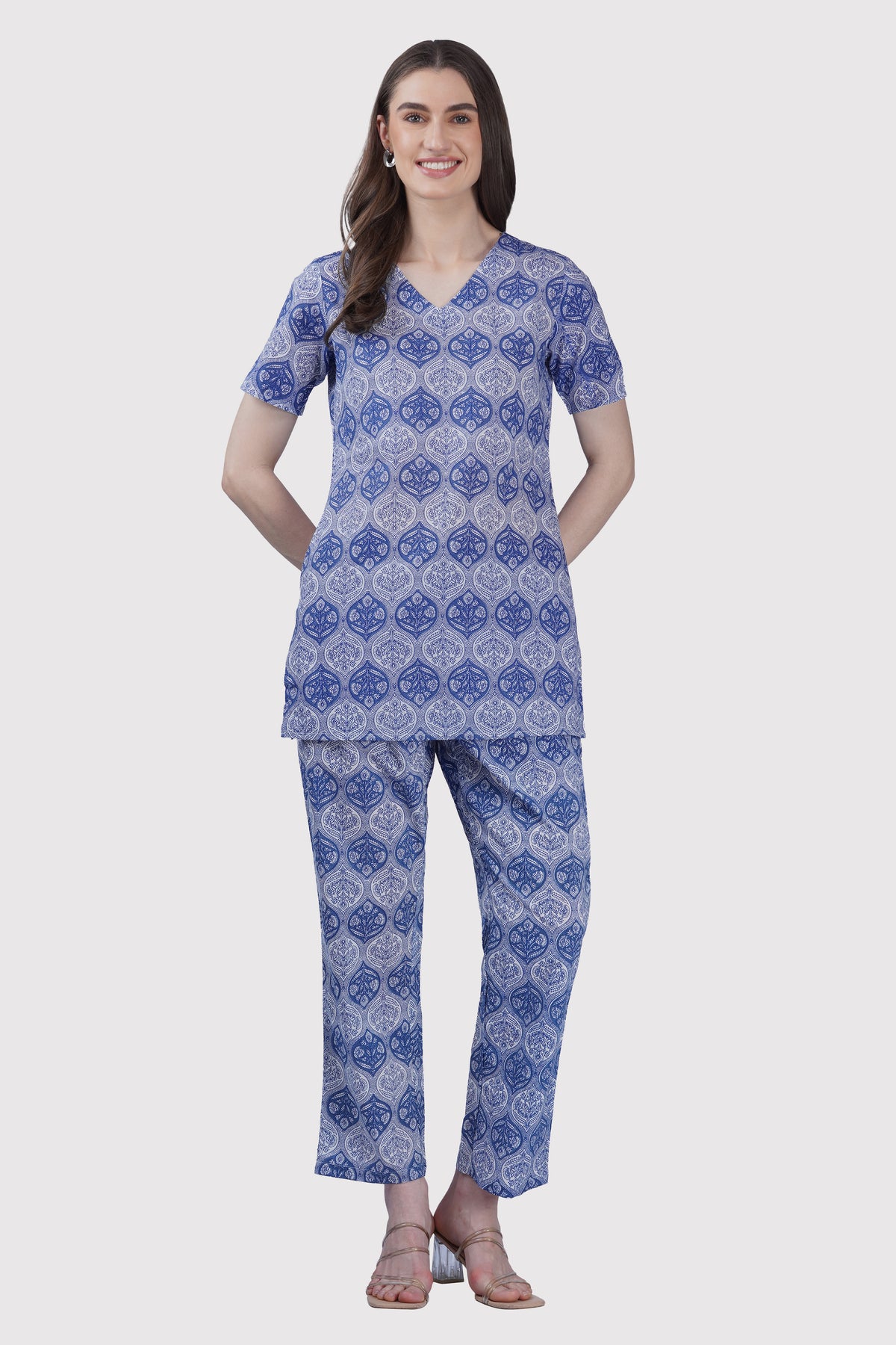 Dusty Blue V Neck Cotton Printed Pyjama Set