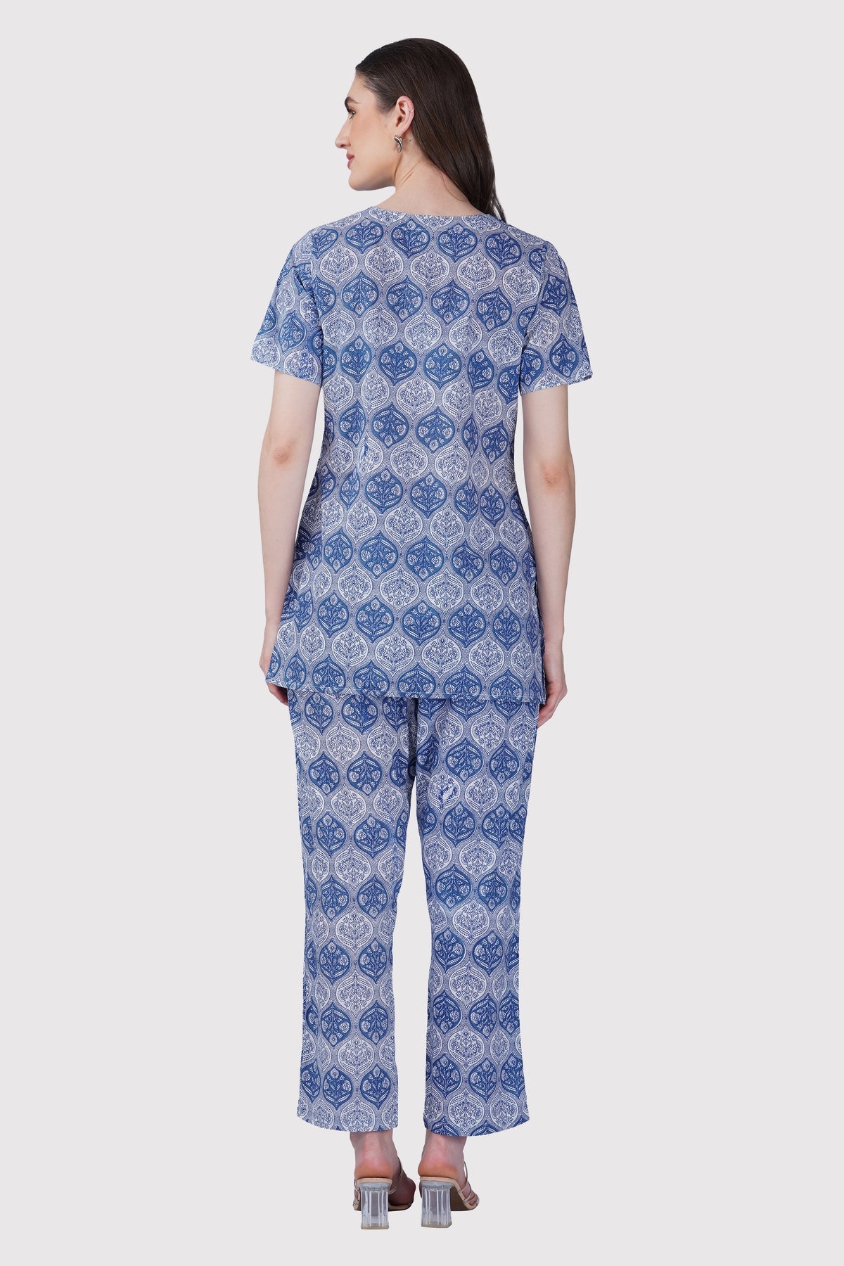 Dusty Blue V Neck Cotton Printed Pyjama Set