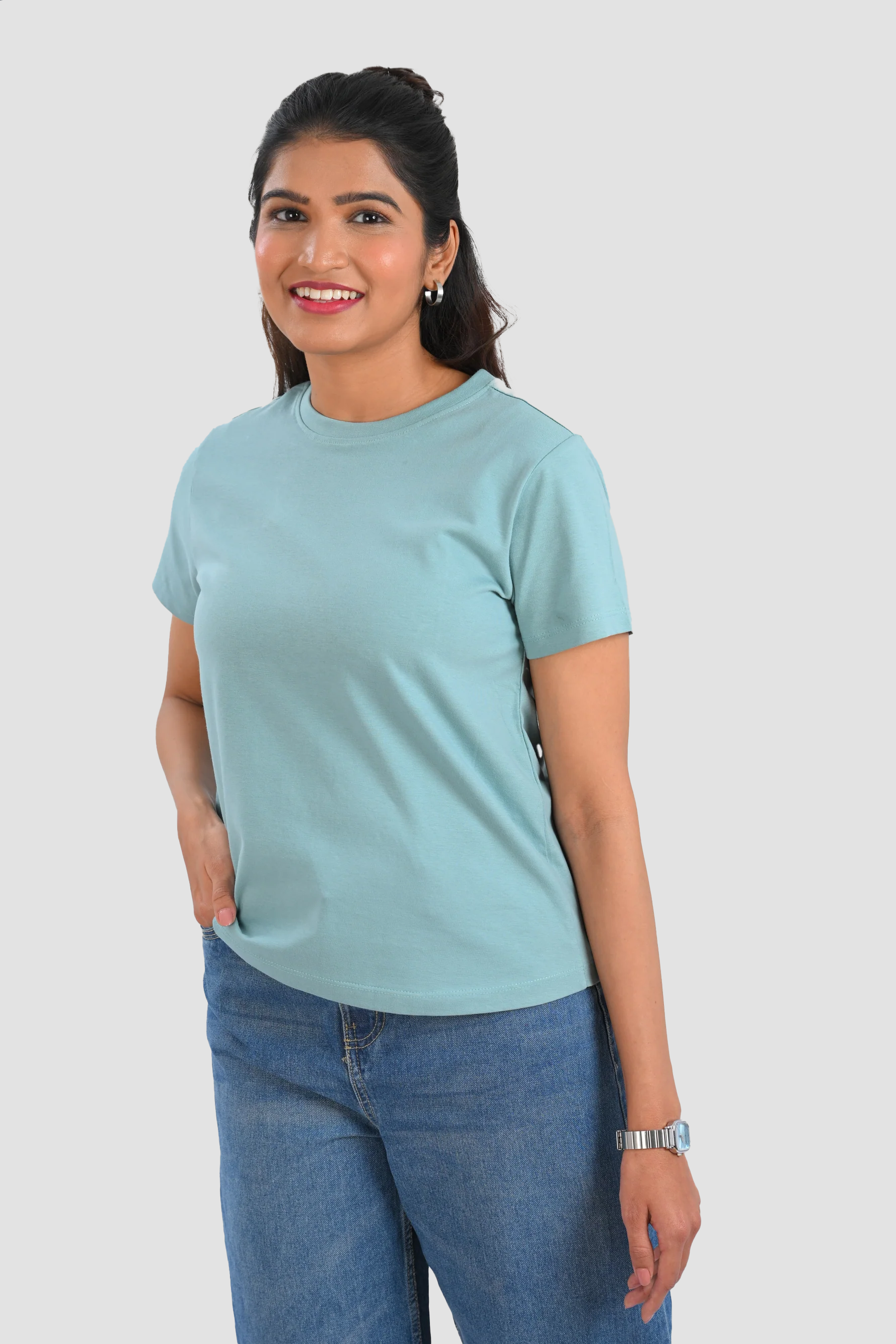 Dusty Teal Cotton Crew Neck T-Shirt