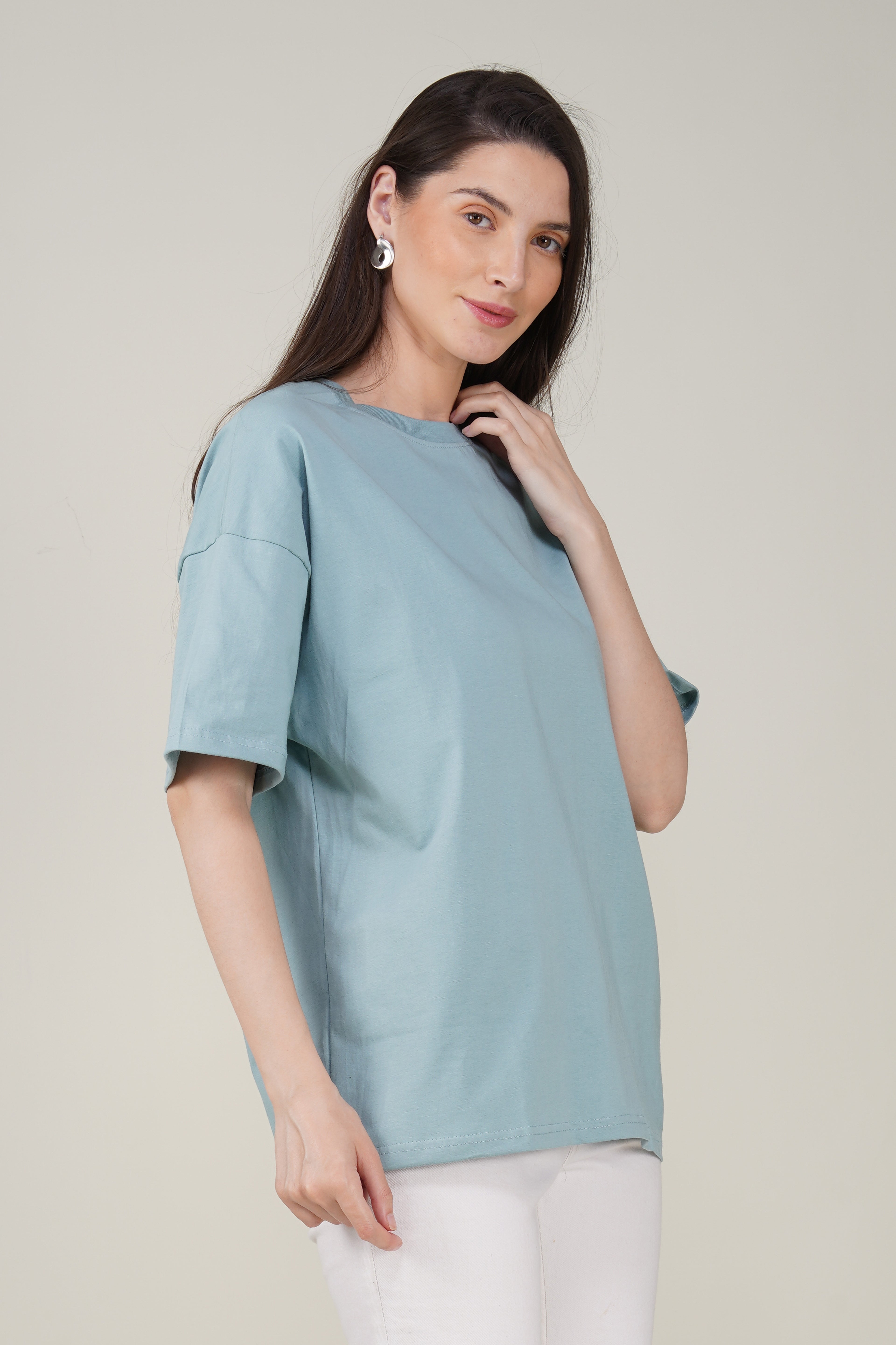 Dusty Teal Cotton Oversized Crew Neck T-Shirt