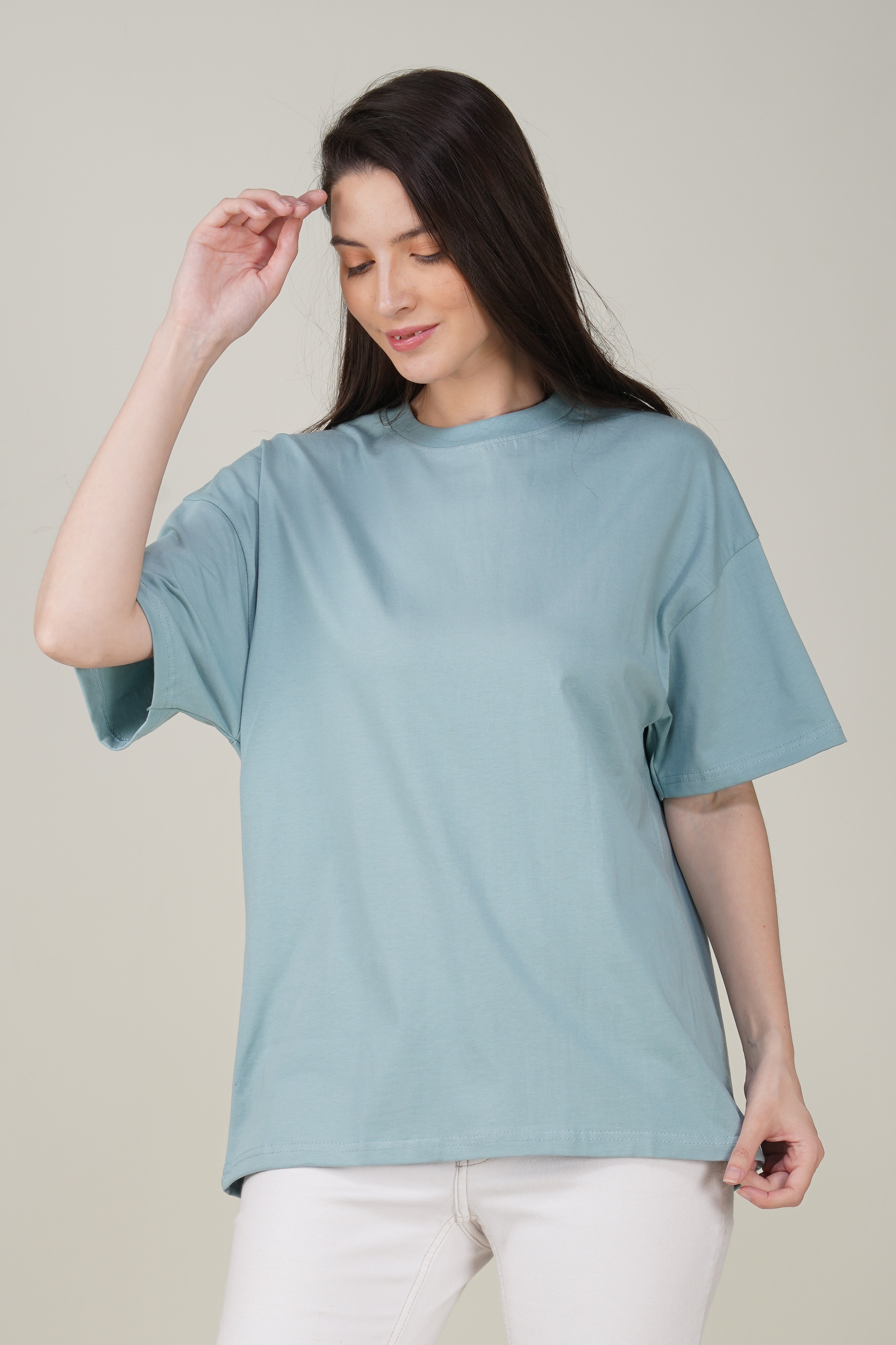Dusty Teal Cotton Oversized Crew Neck T-Shirt