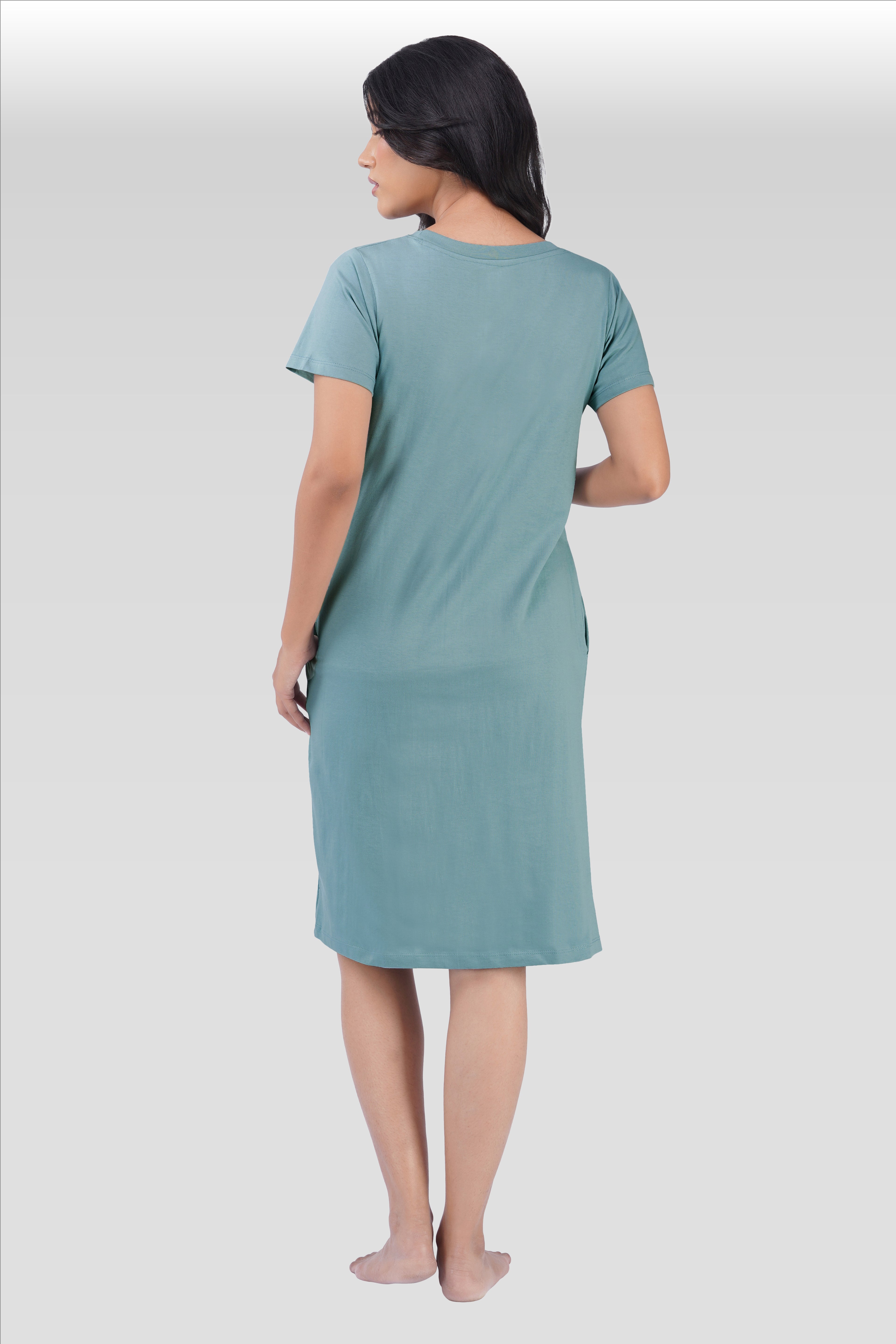 Dusty Teal Cotton Printed T-Shirt Nightdress