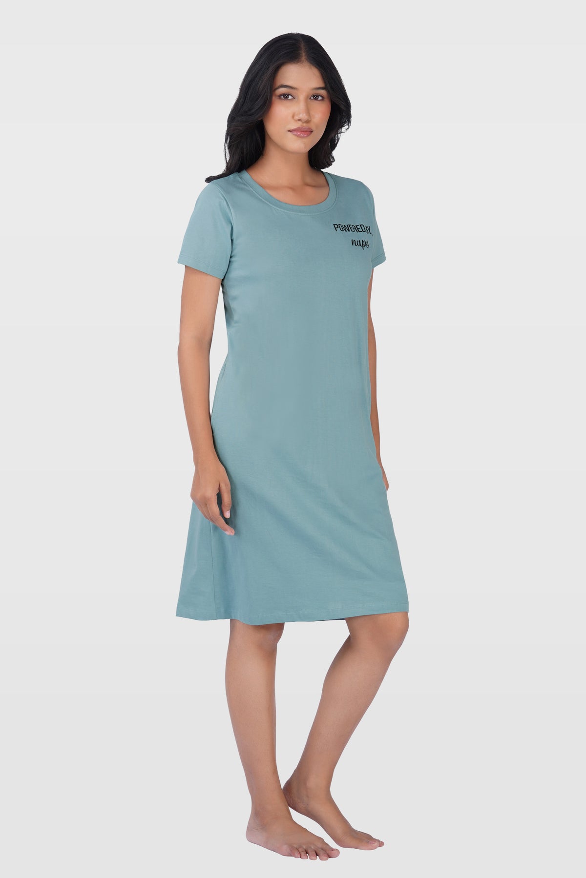 Dusty Teal Cotton Printed T-Shirt Nightdress