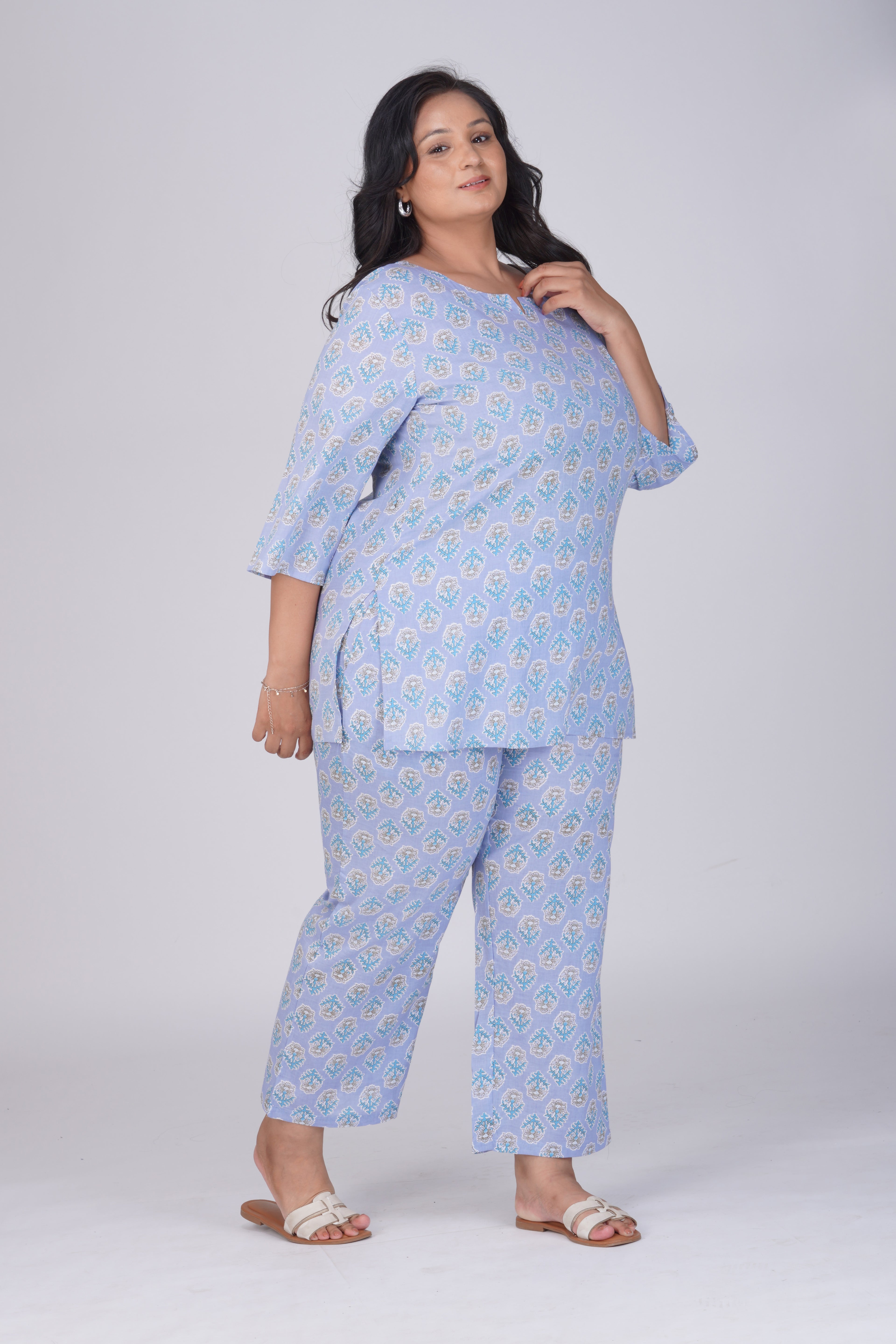 Echo Blue Plus Size Cotton Printed Pyjama Set