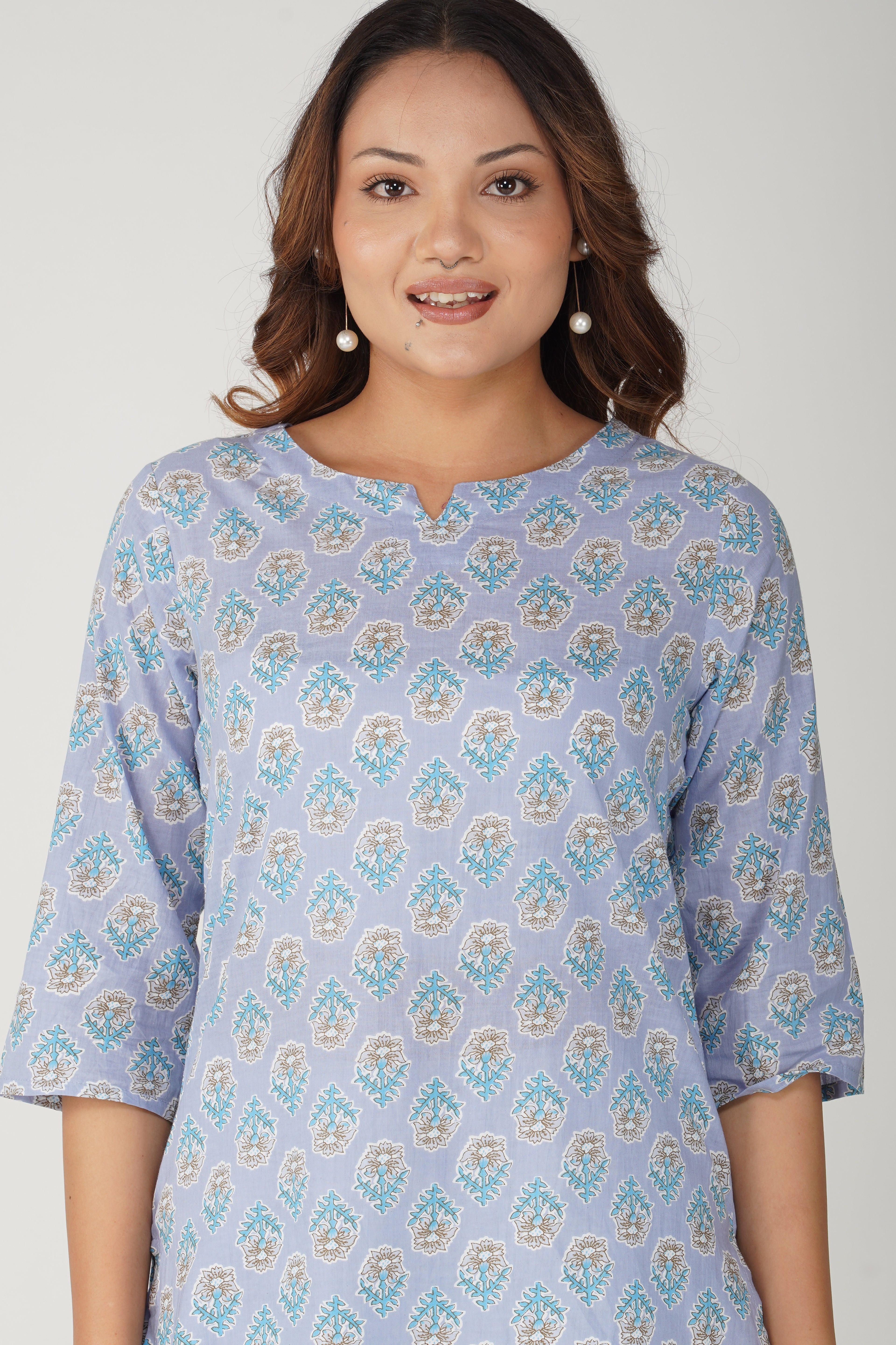Echo Blue Cotton Printed Kurti