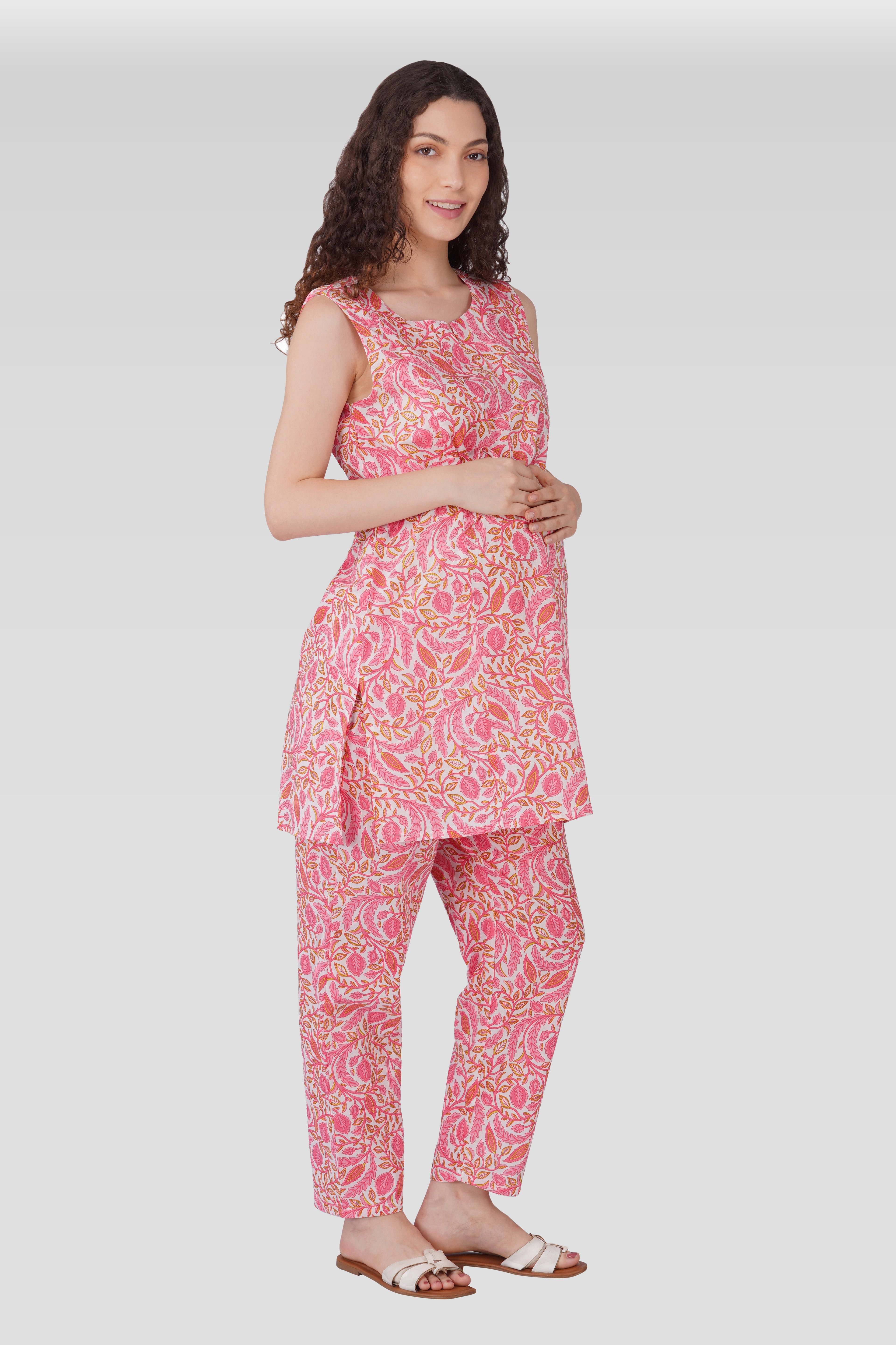 Flamingo Pink Cotton Printed Maternity and Feeding Kurta Set