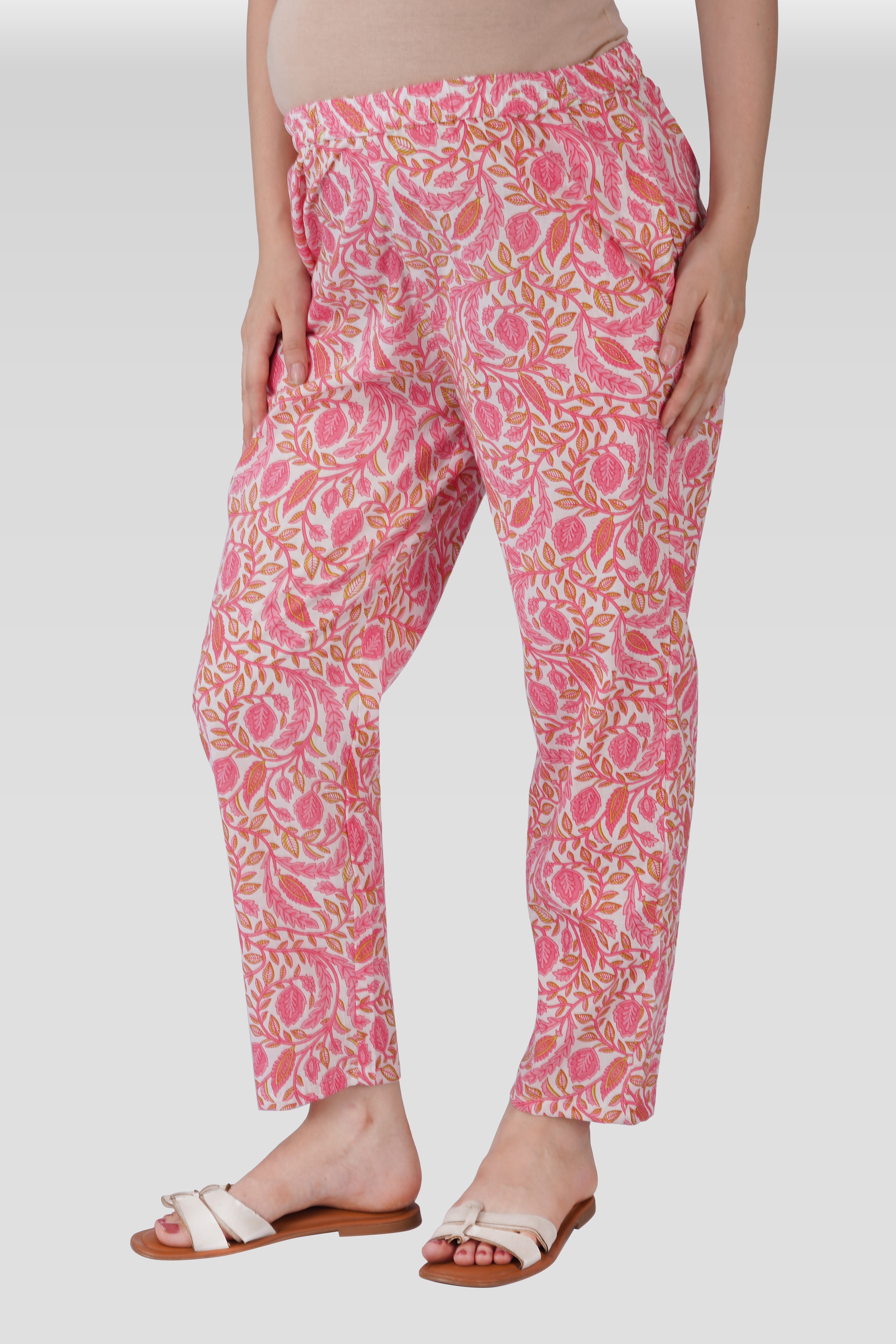 Flamingo Pink Cotton Printed Maternity and Feeding Kurta Set