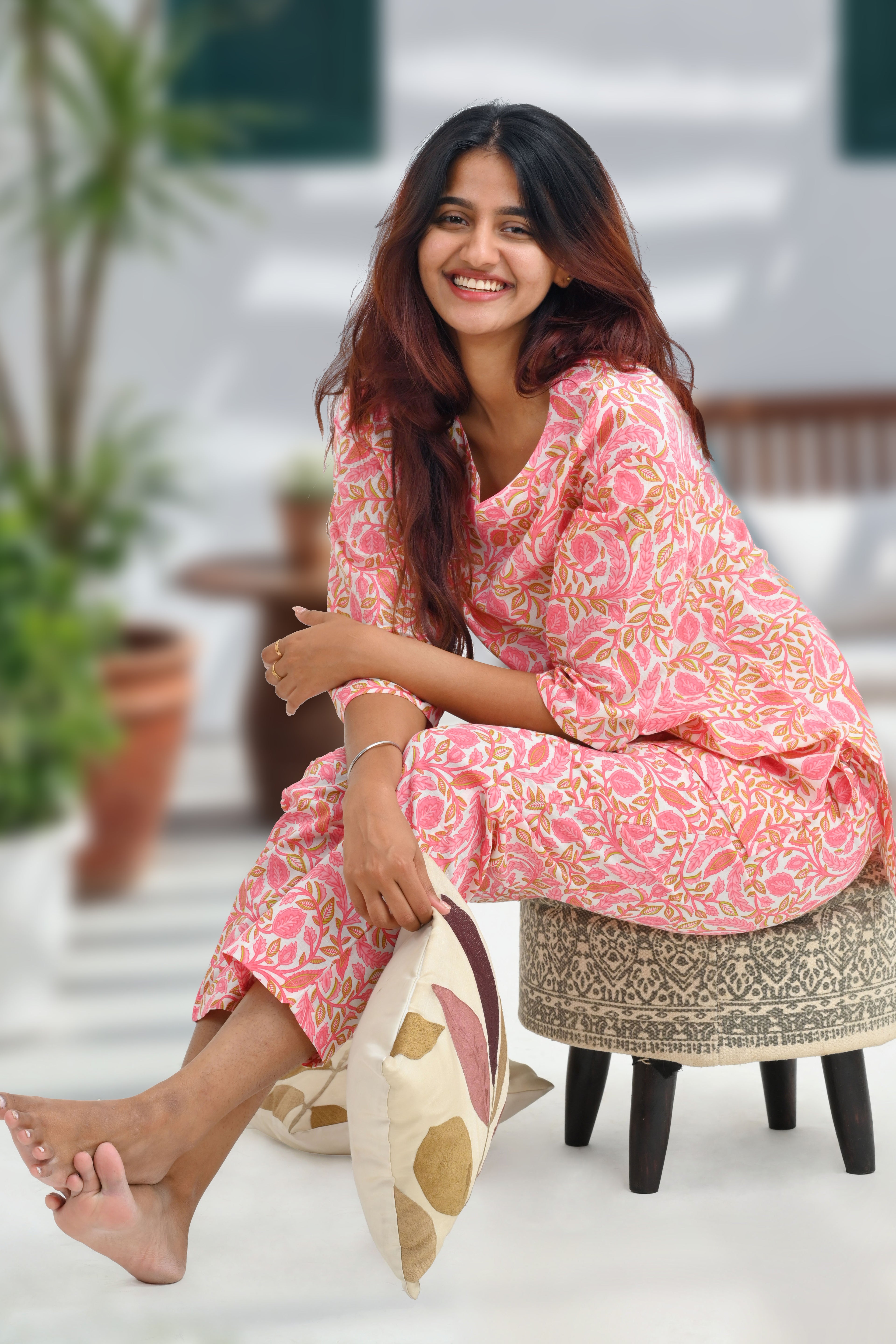 Flamingo Pink Cotton Printed Pyjama Set