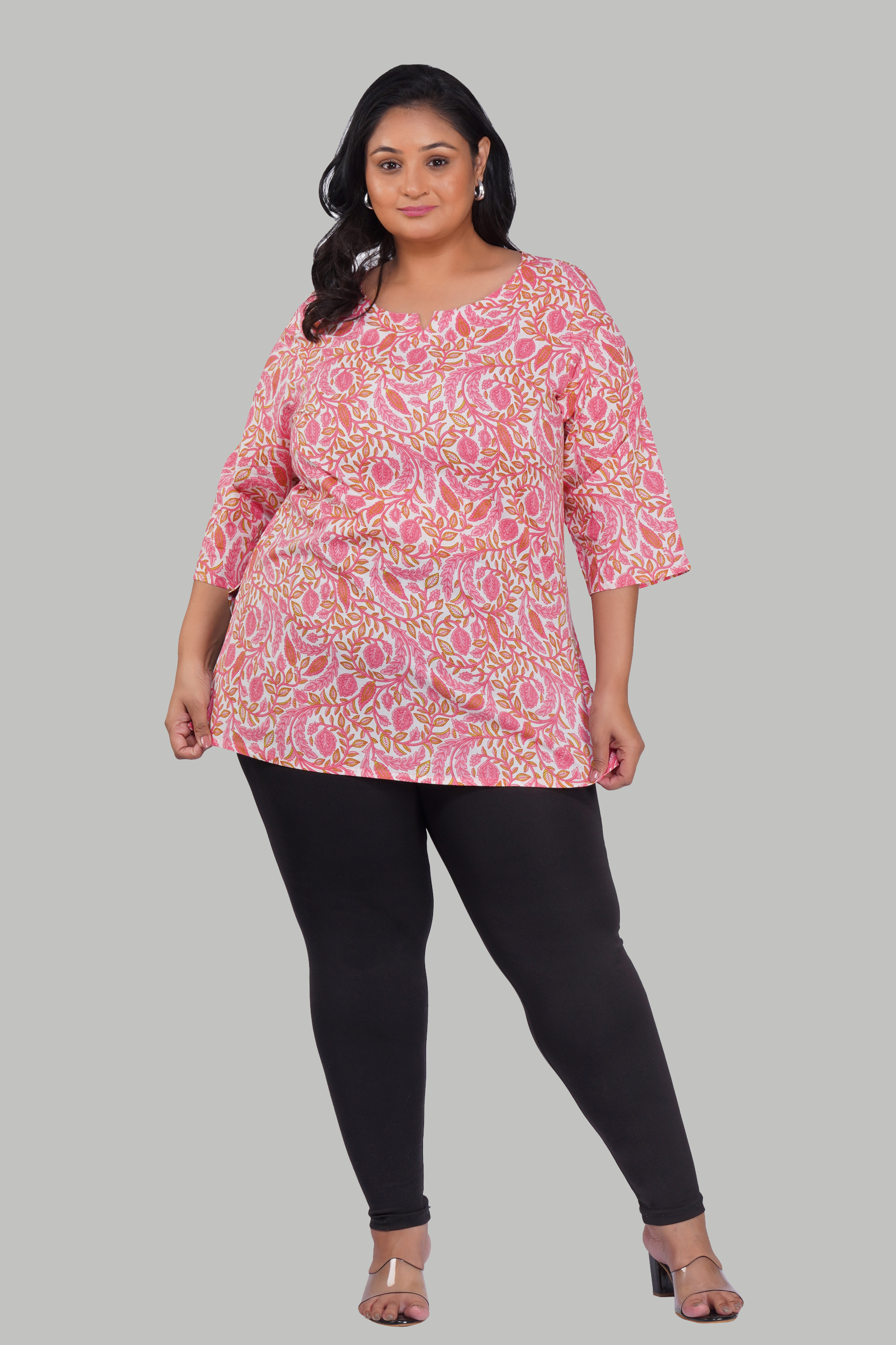 Flamingo Pink Plus Size Cotton Printed Kurti