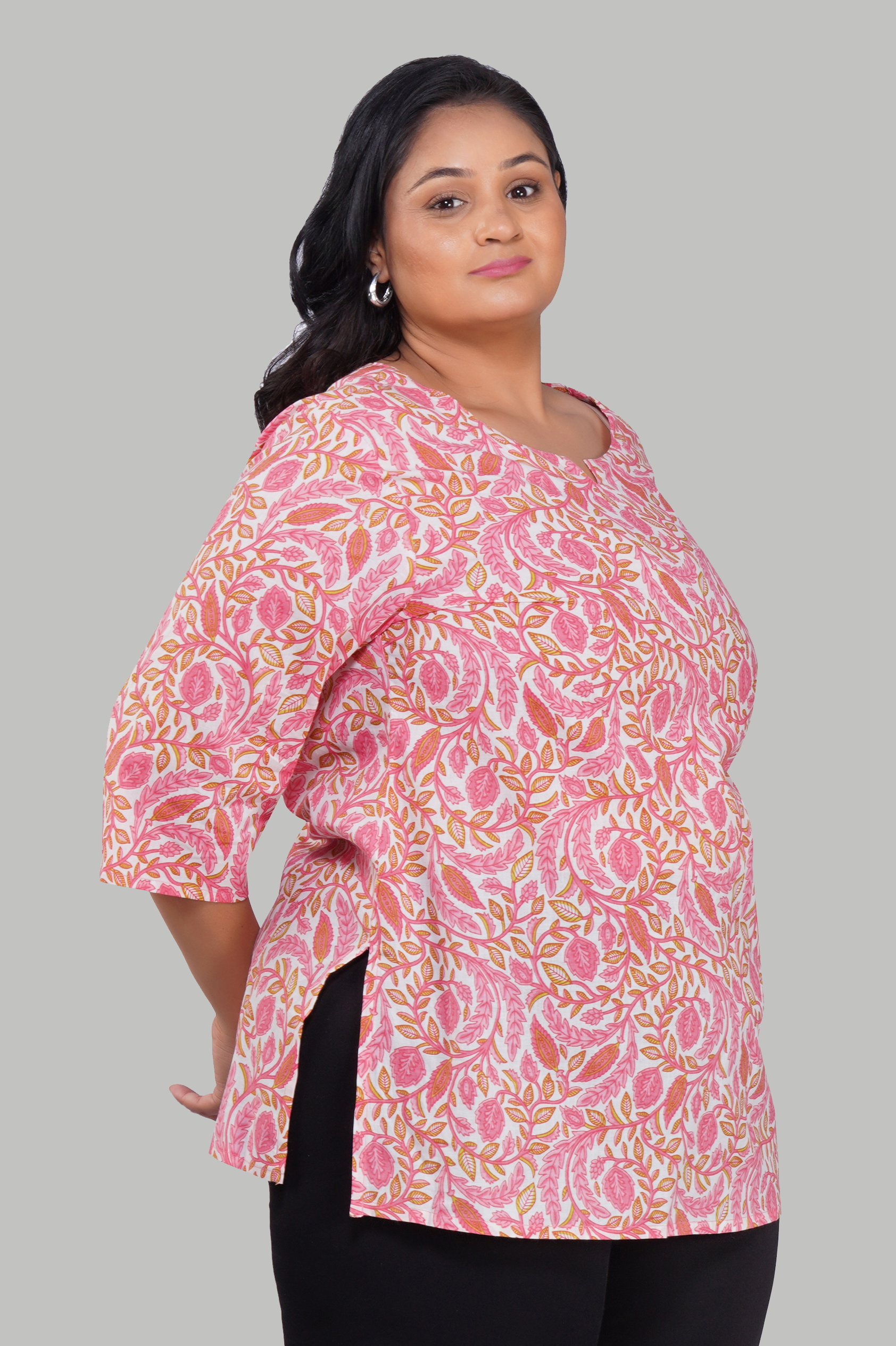Flamingo Pink Plus Size Cotton Printed Kurti