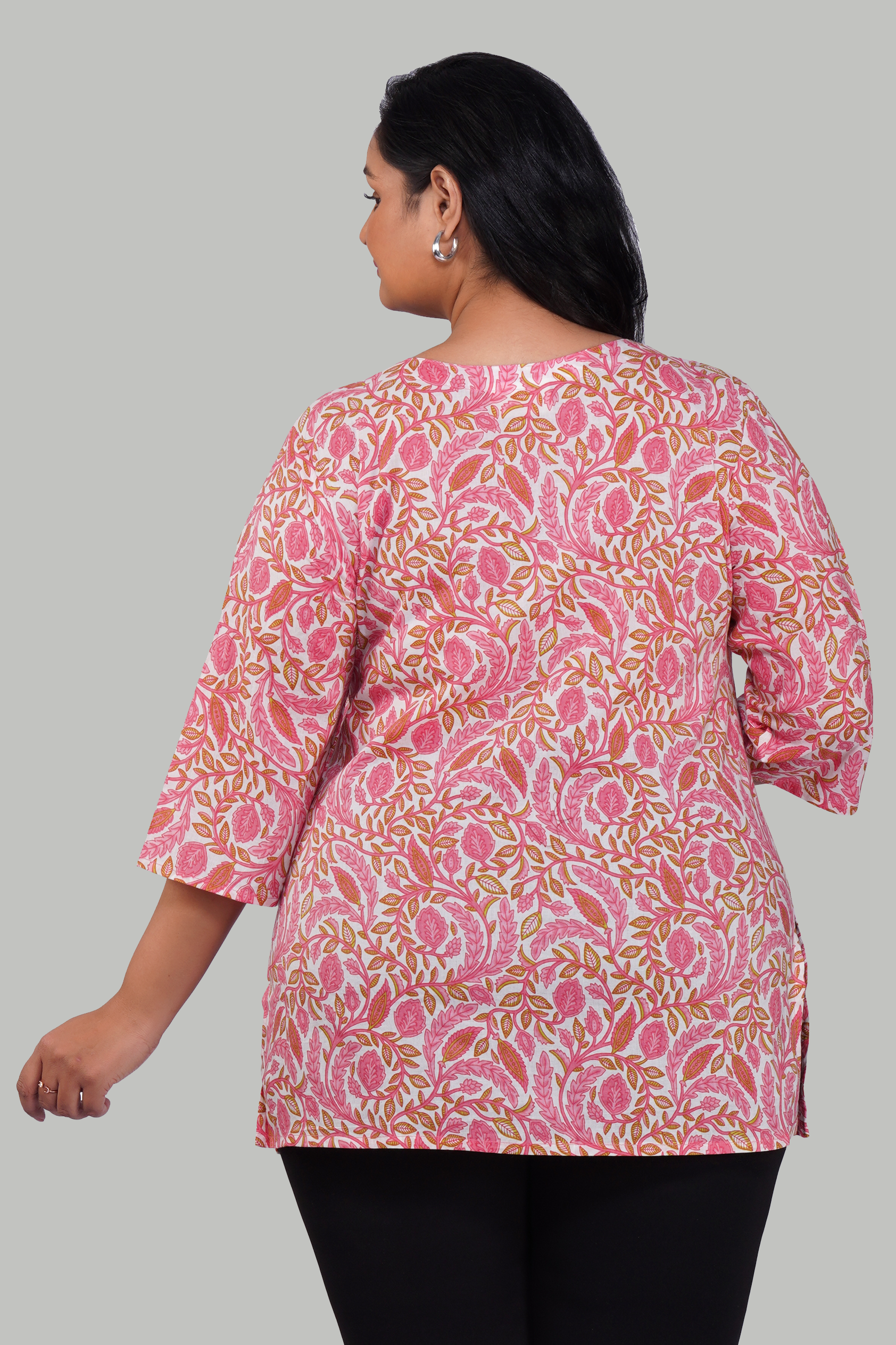 Flamingo Pink Plus Size Cotton Printed Kurti