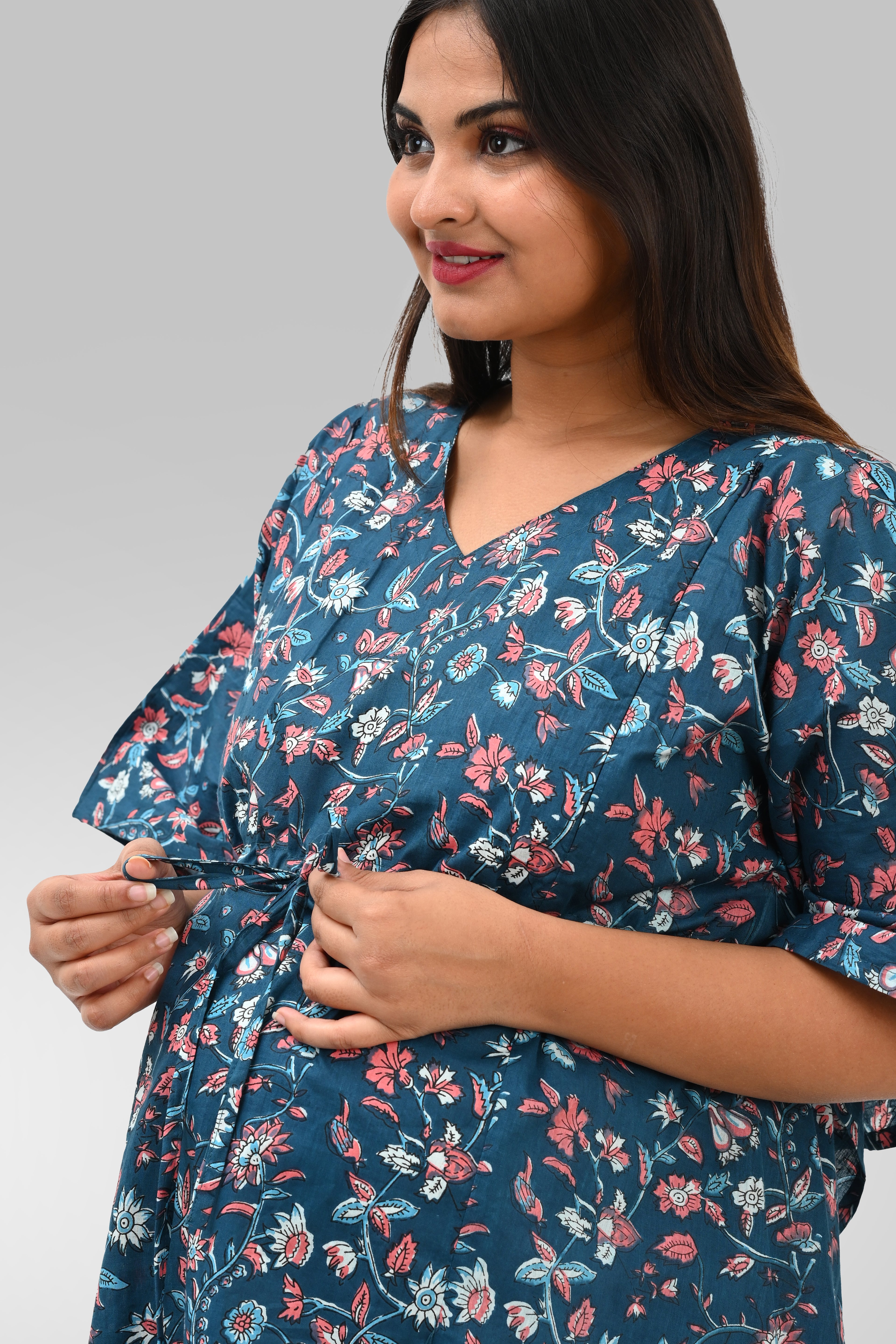Floral Maternity and Feeding Kaftan Set in Blue