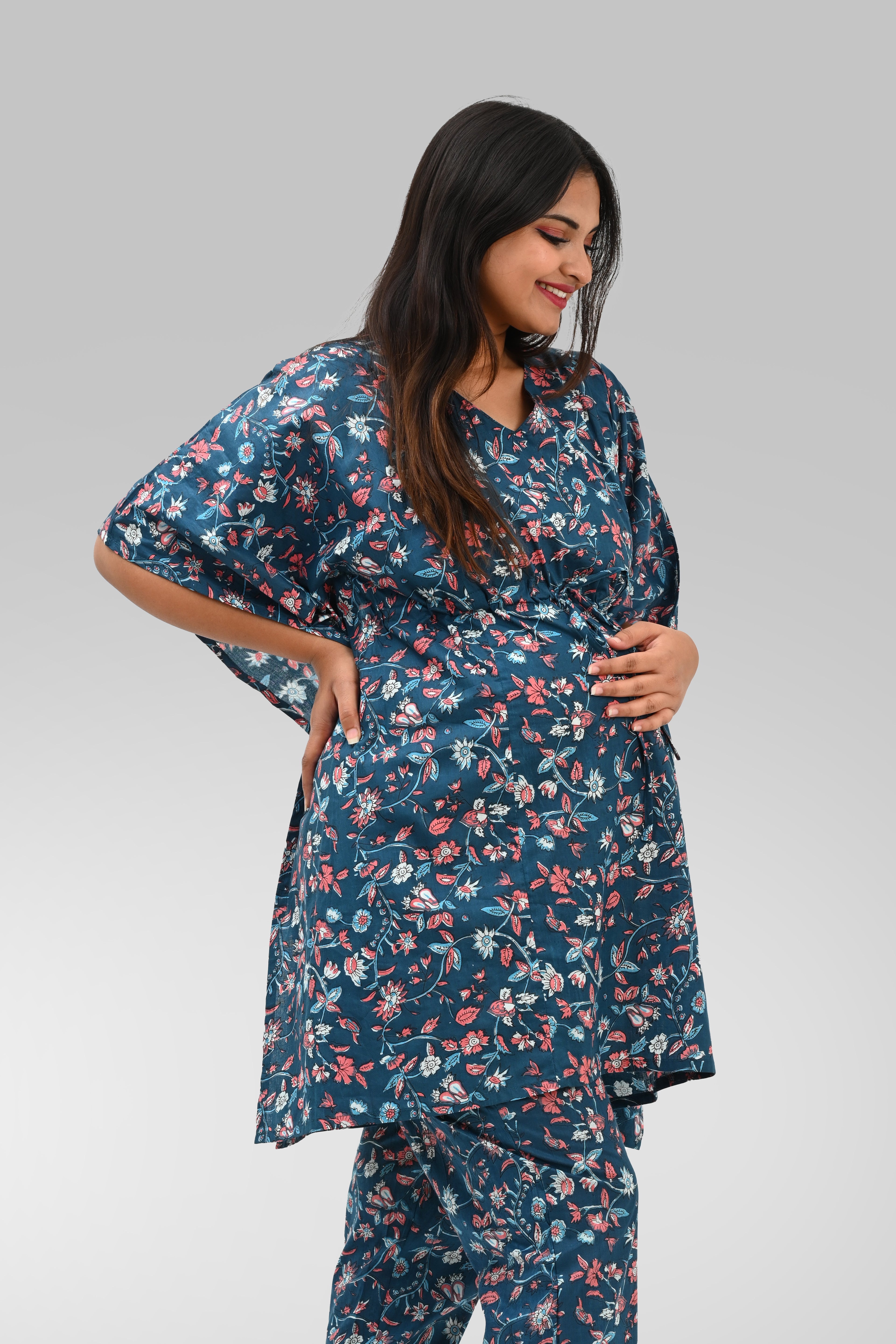 Floral Maternity and Feeding Kaftan Set in Blue